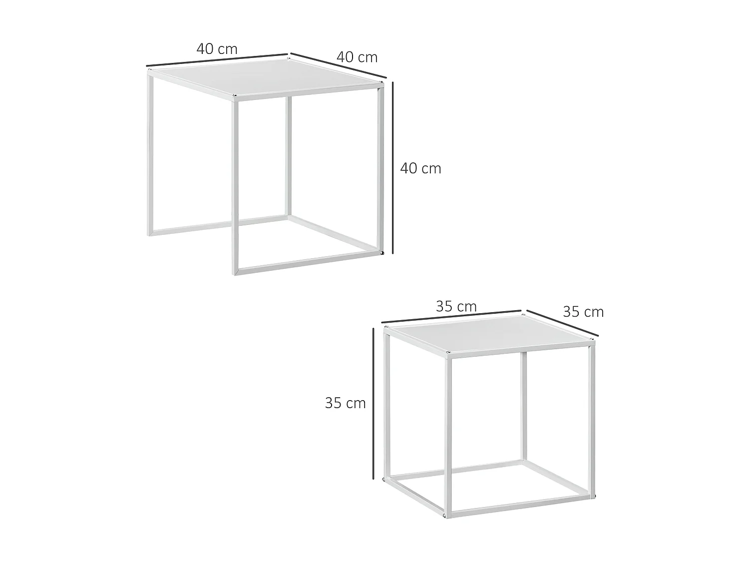 Tables basses carrées en lot de 2, design moderne, structure acier, blanches (40x40x40cm)