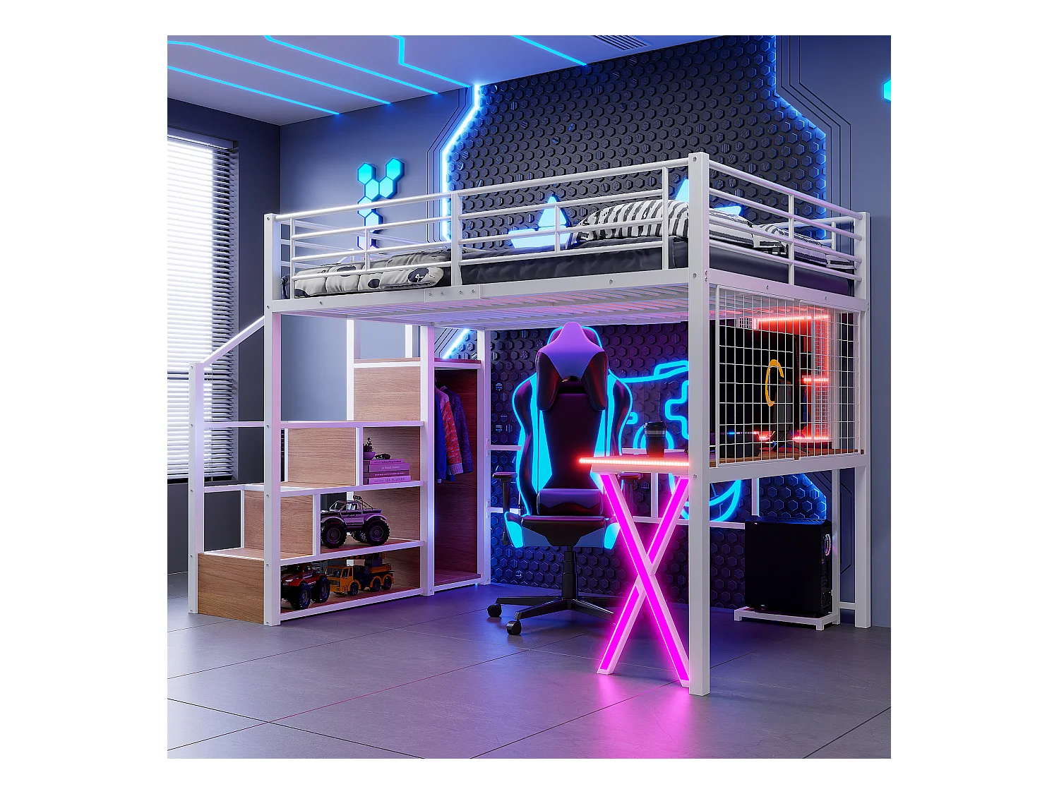 Lit mezzanine 140x200 cm avec LED, étagères, bureau, armoire, métal, blanc (253.5x145x169 cm)