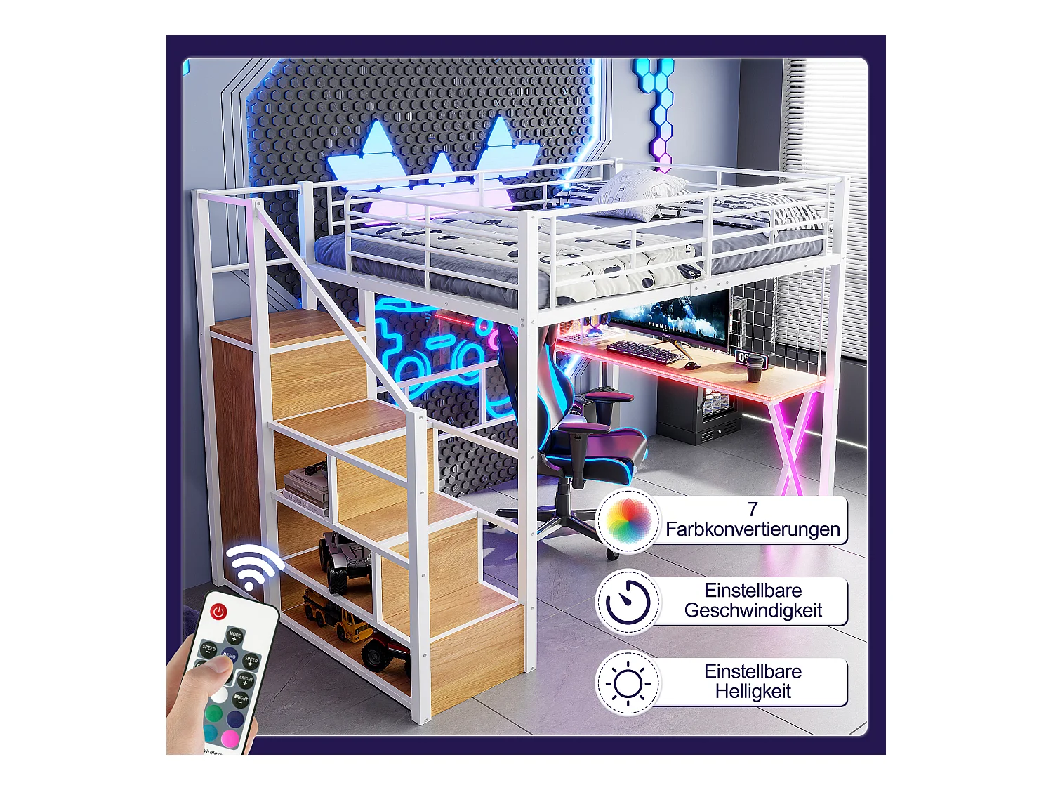 Lit mezzanine 140x200 cm avec LED, étagères, bureau, armoire, métal, blanc (253.5x145x169 cm)