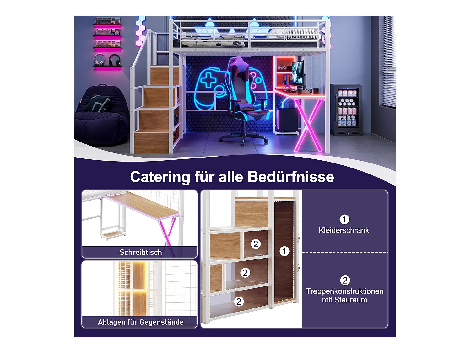 Lit mezzanine 140x200 cm avec LED, étagères, bureau, armoire, métal, blanc (253.5x145x169 cm)