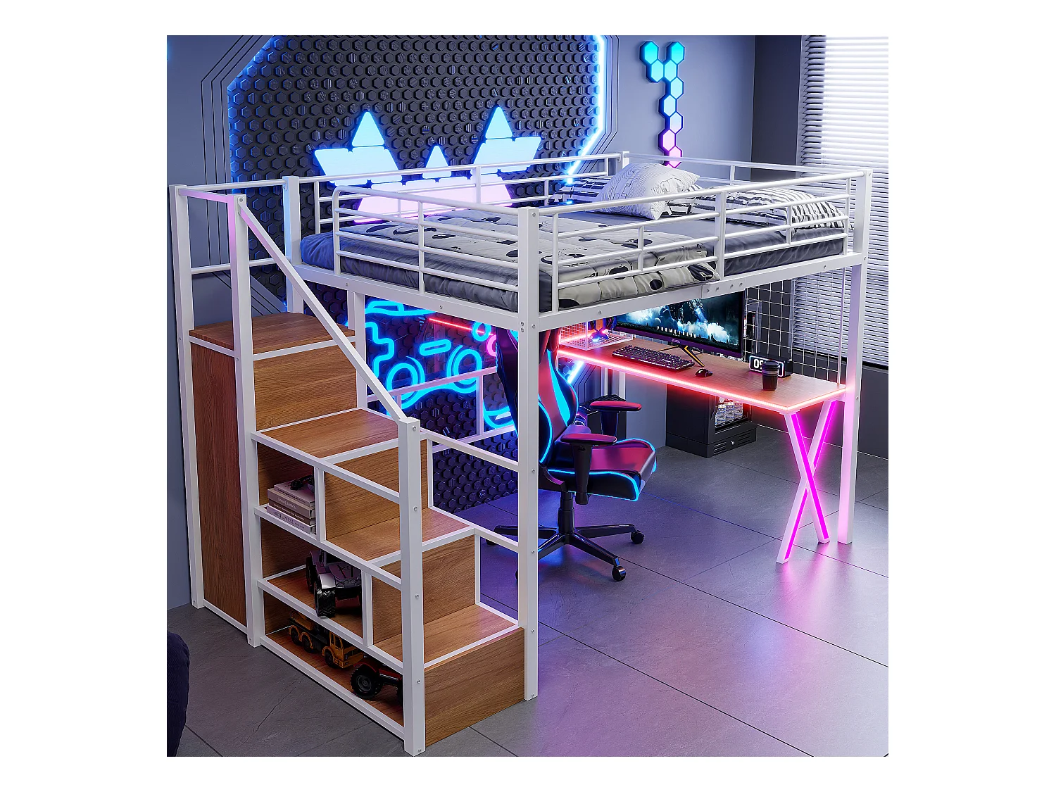 Lit mezzanine 140x200 cm avec LED, étagères, bureau, armoire, métal, blanc (253.5x145x169 cm)