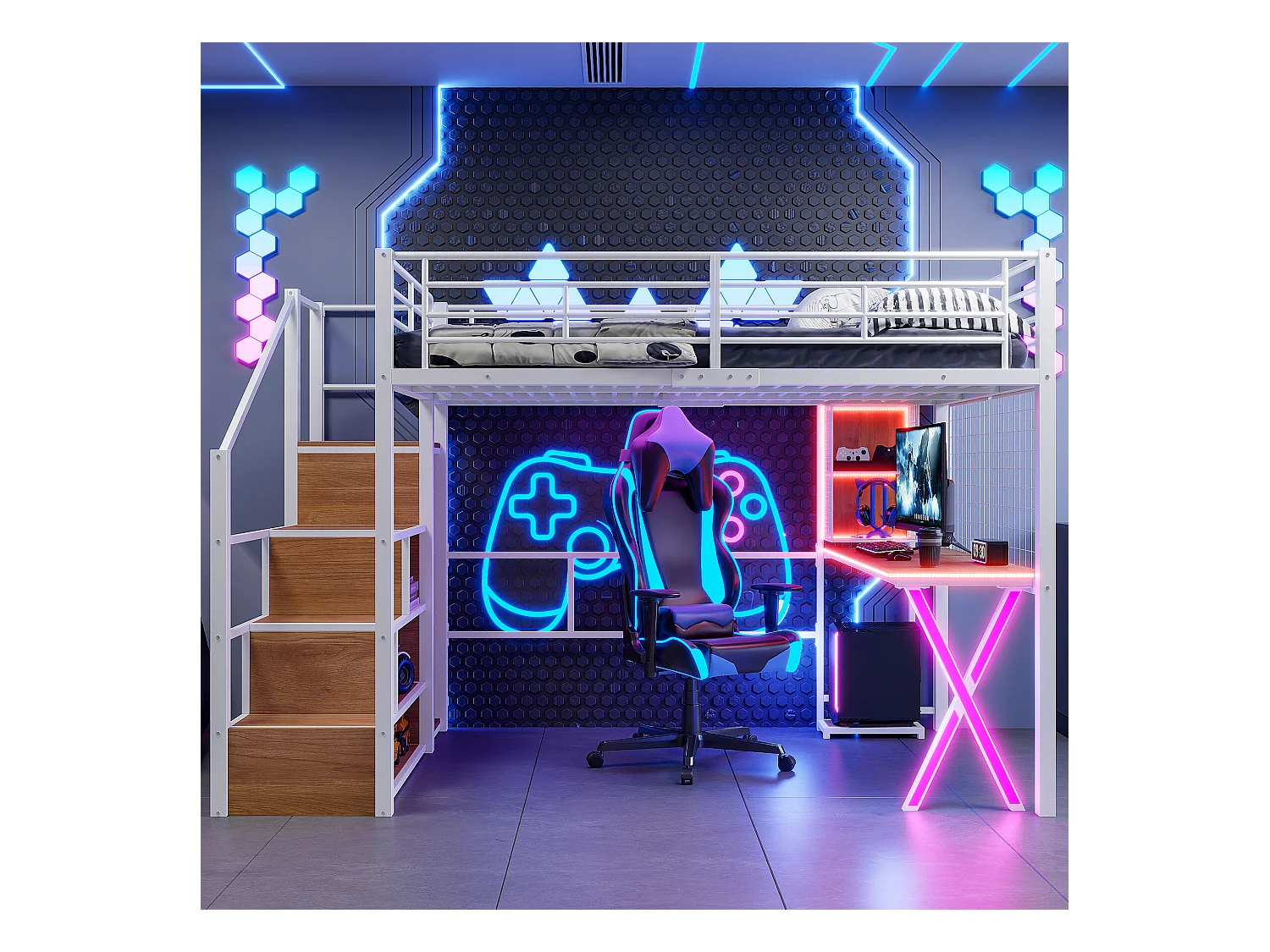 Lit mezzanine 140x200 cm avec LED, étagères, bureau, armoire, métal, blanc (253.5x145x169 cm)