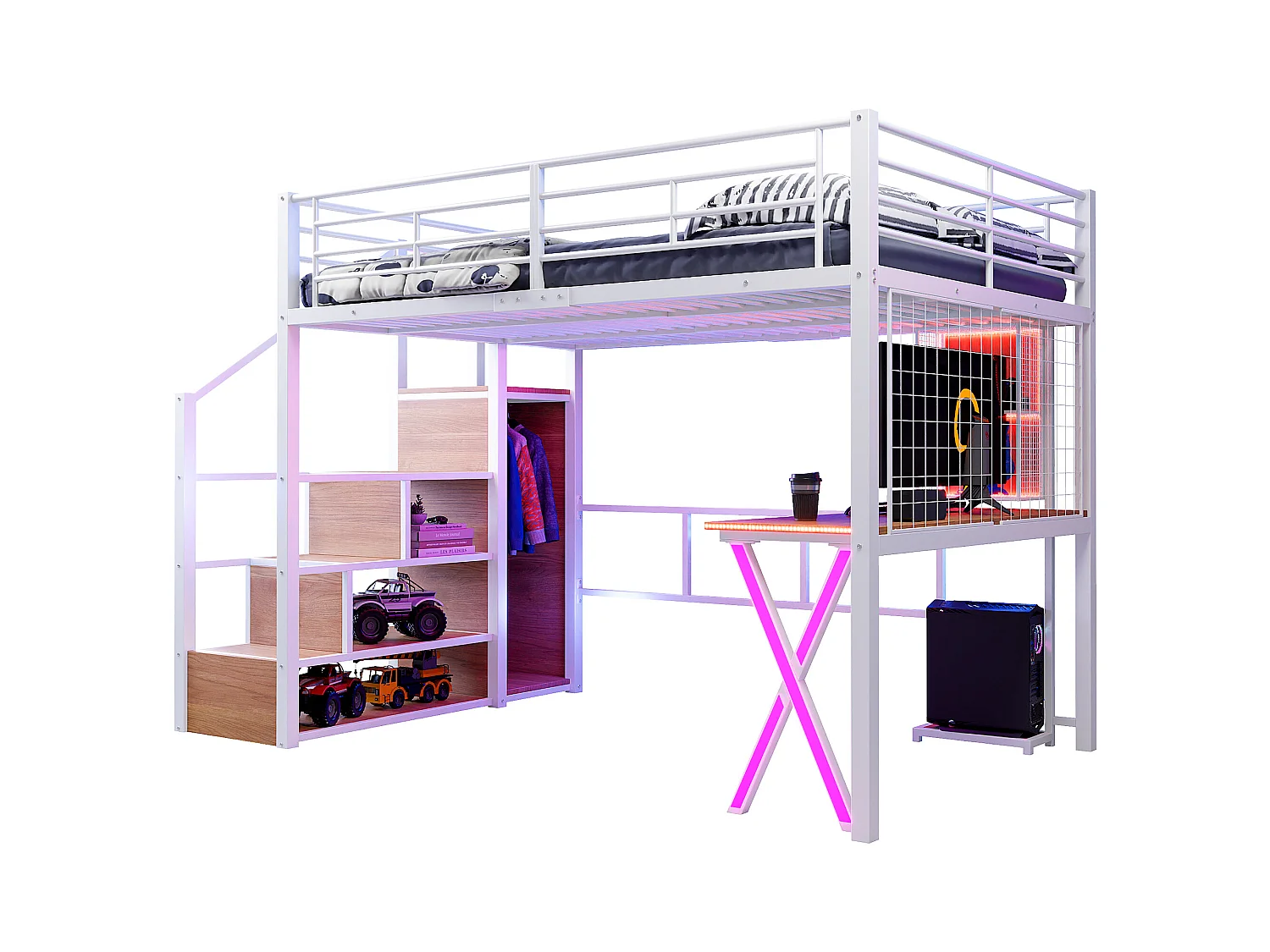 Lit mezzanine 140x200 cm avec LED, étagères, bureau, armoire, métal, blanc (253.5x145x169 cm)