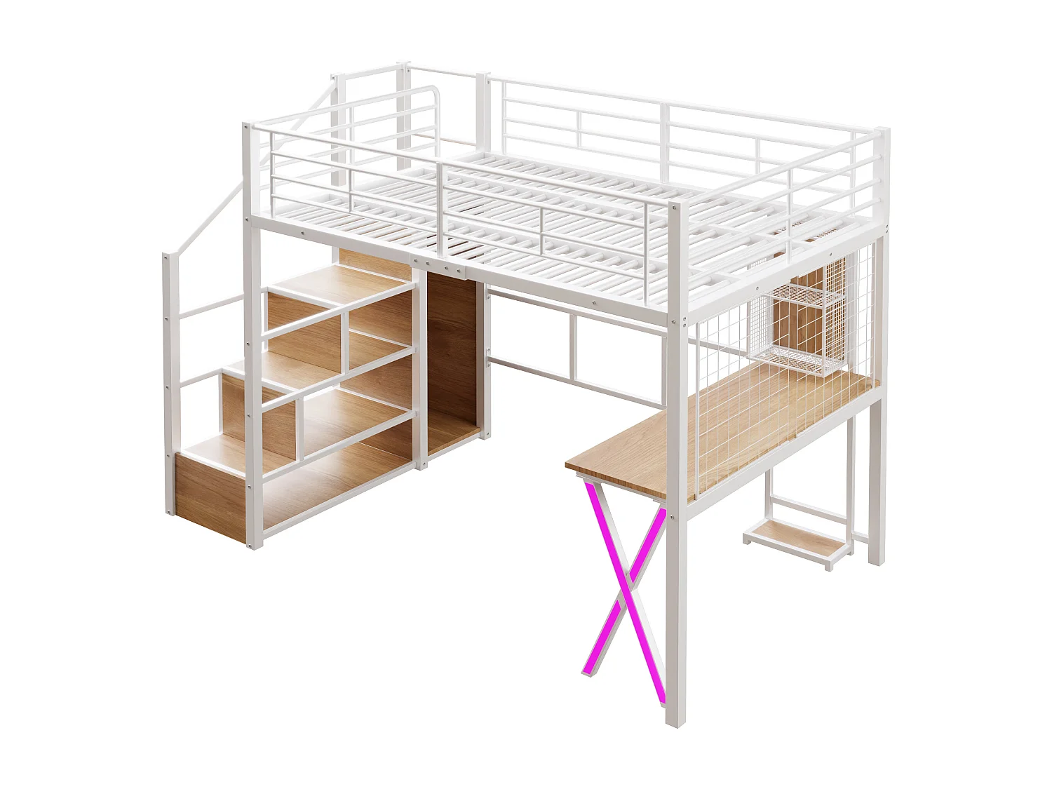 Lit mezzanine 140x200 cm avec LED, étagères, bureau, armoire, métal, blanc (253.5x145x169 cm)