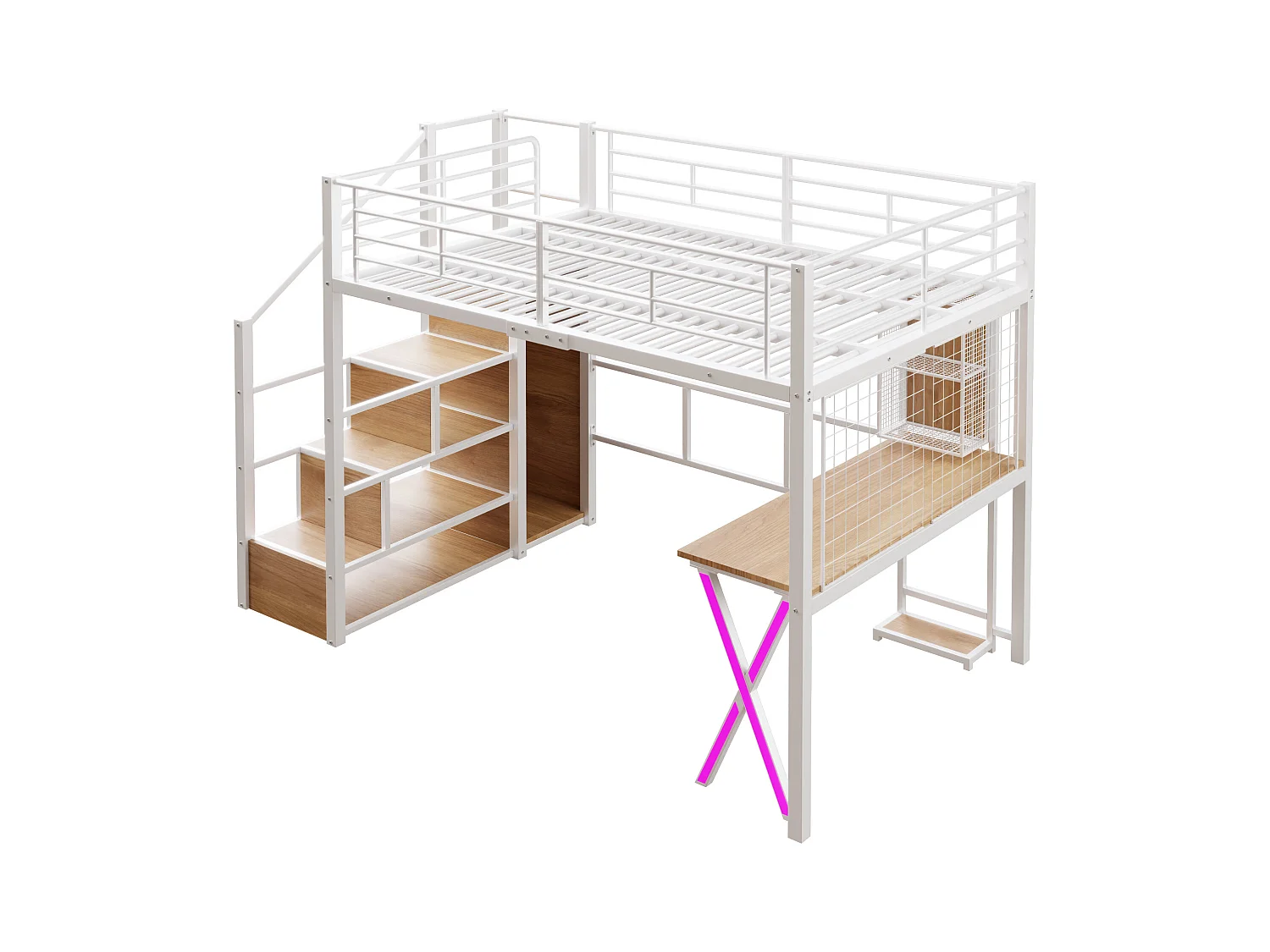Lit mezzanine 140x200 cm avec LED, étagères, bureau, armoire, métal, blanc (253.5x145x169 cm)