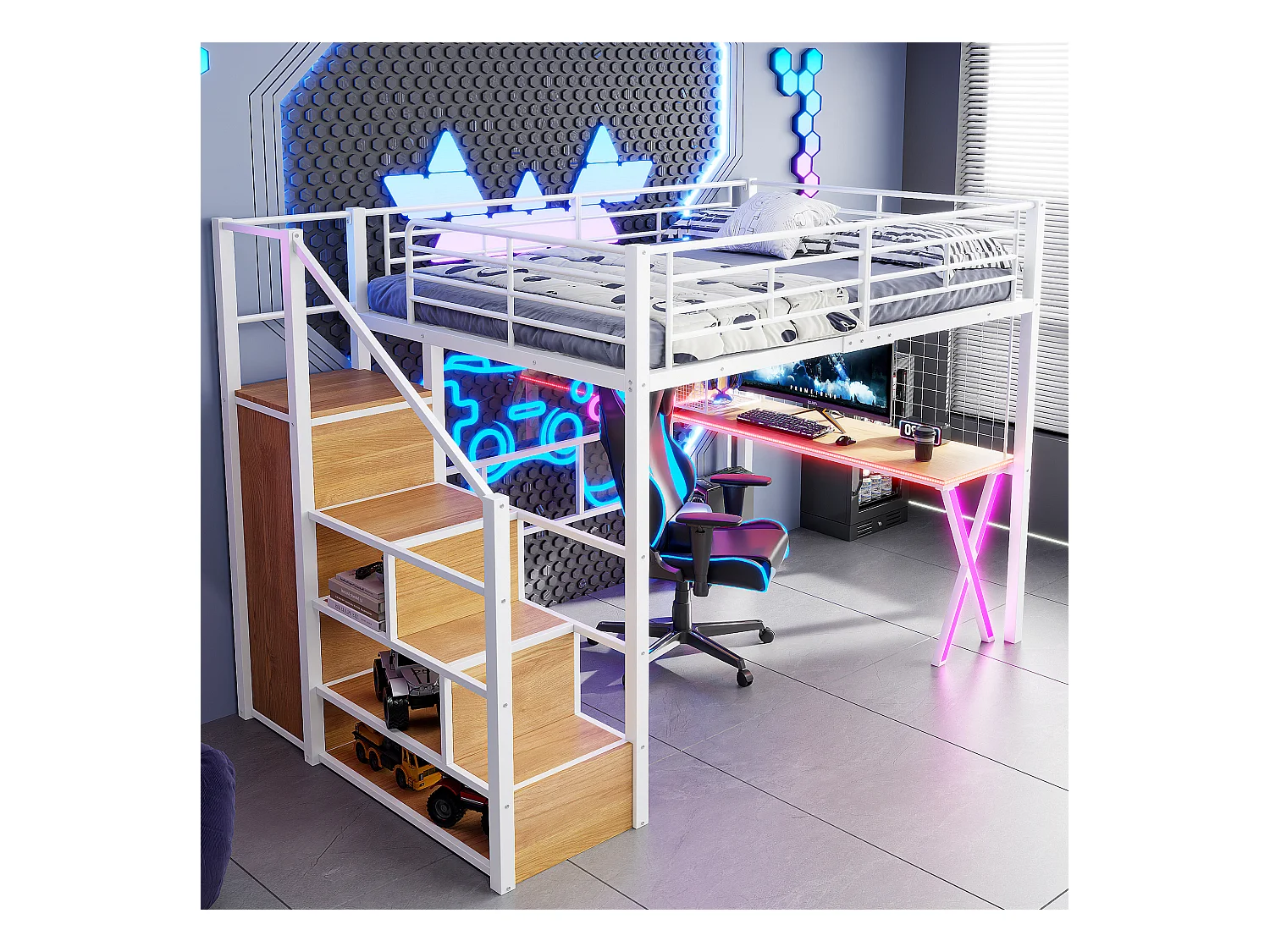 Lit mezzanine 140x200 cm avec LED, étagères, bureau, armoire, métal, blanc (253.5x145x169 cm)