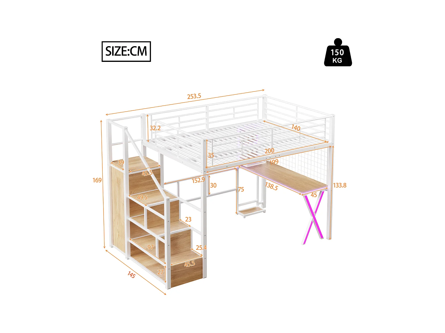 Lit mezzanine 140x200 cm avec LED, étagères, bureau, armoire, métal, blanc (253.5x145x169 cm)