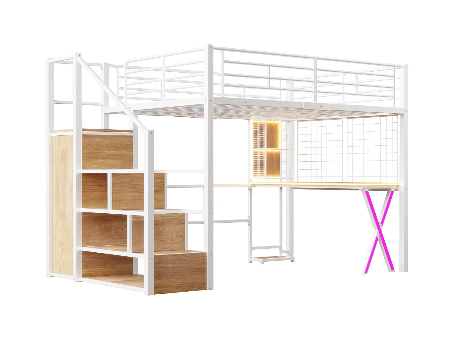 Lit mezzanine 140x200 cm avec LED, étagères, bureau, armoire, métal, blanc (253.5x145x169 cm)