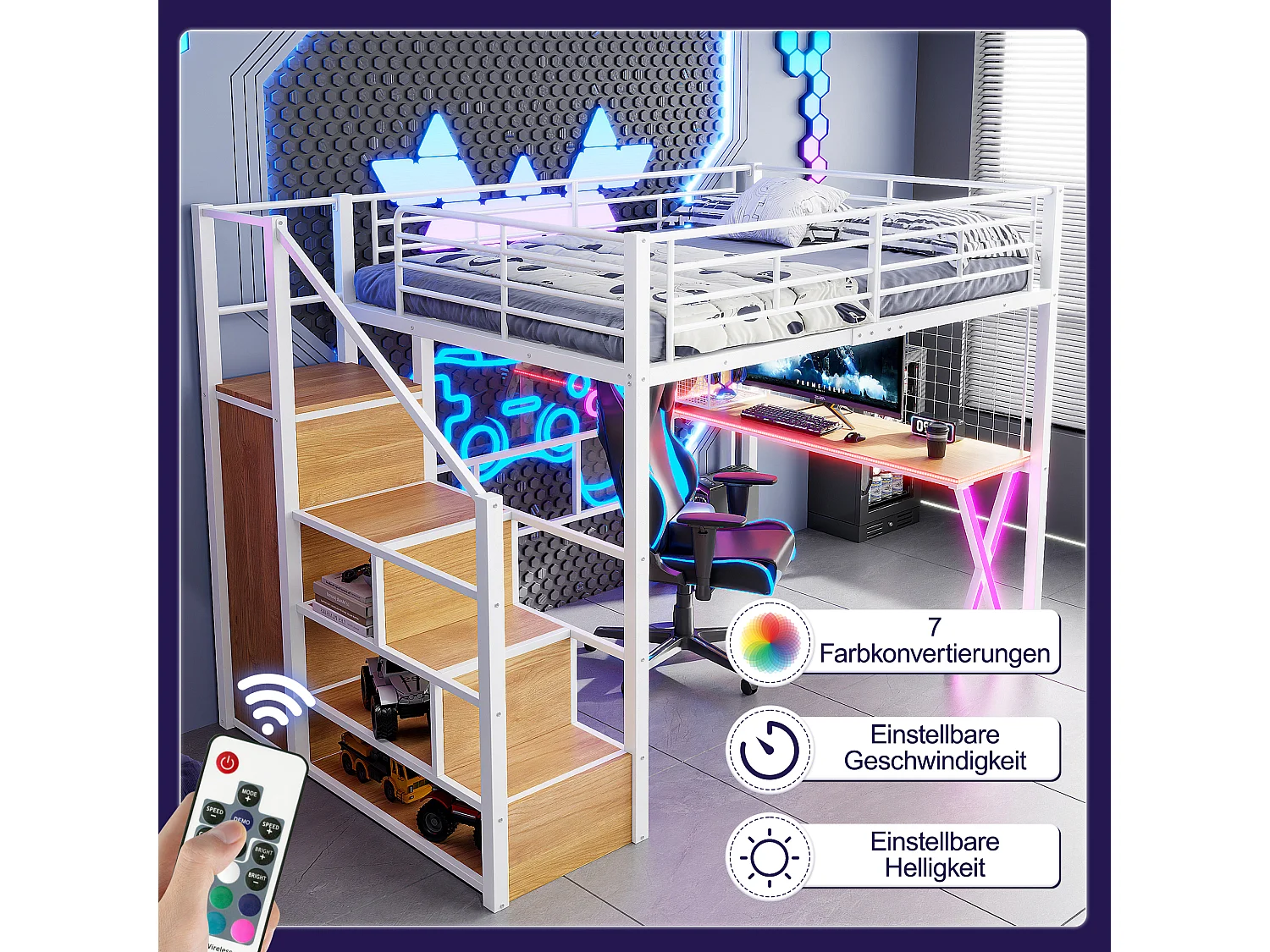 Cama alta 140x200 cm con LED, estantes, escritorio, armario, metal, blanco (253,5x145x169 cm)