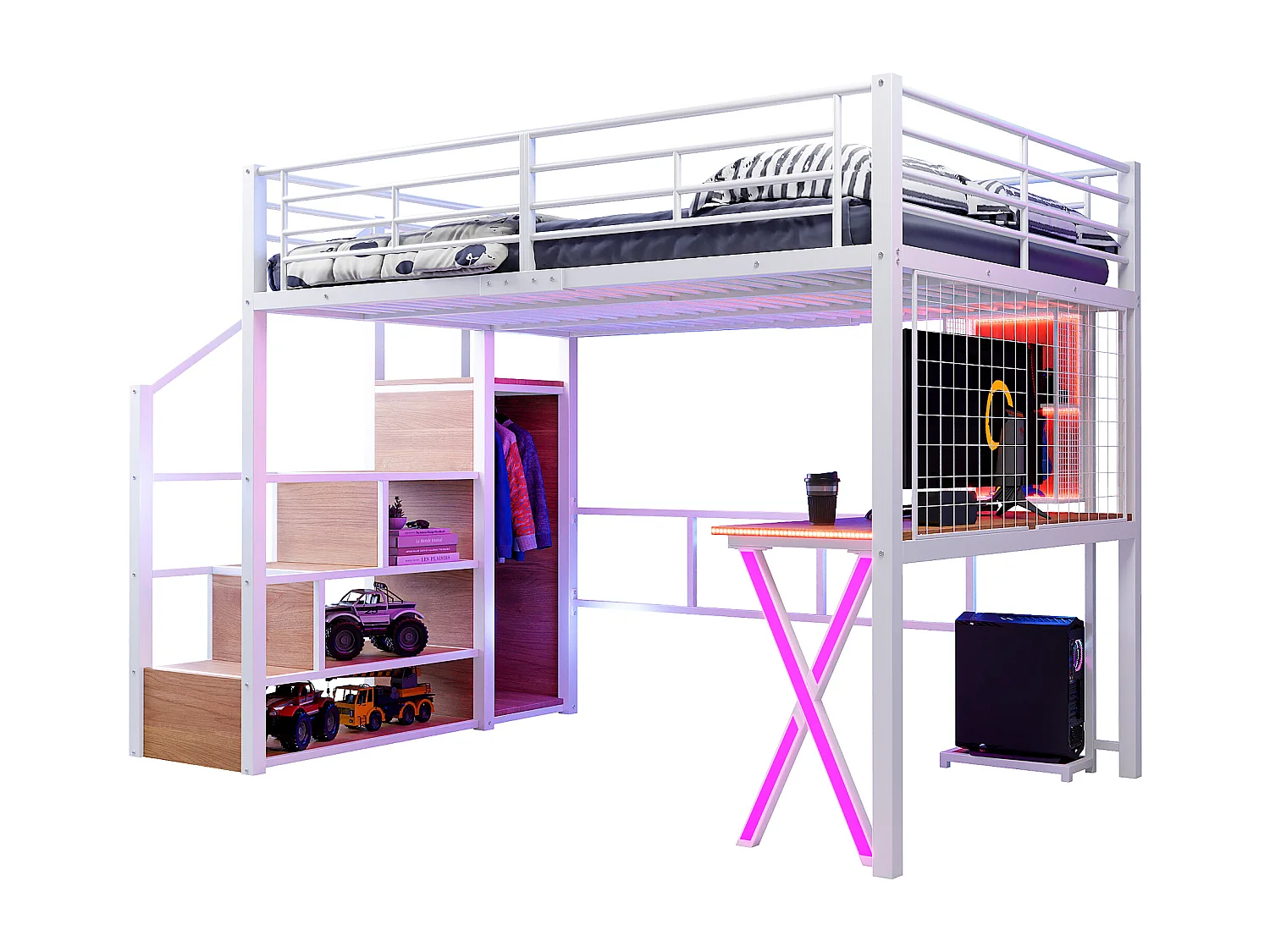 Cama alta 140x200 cm con LED, estantes, escritorio, armario, metal, blanco (253,5x145x169 cm)