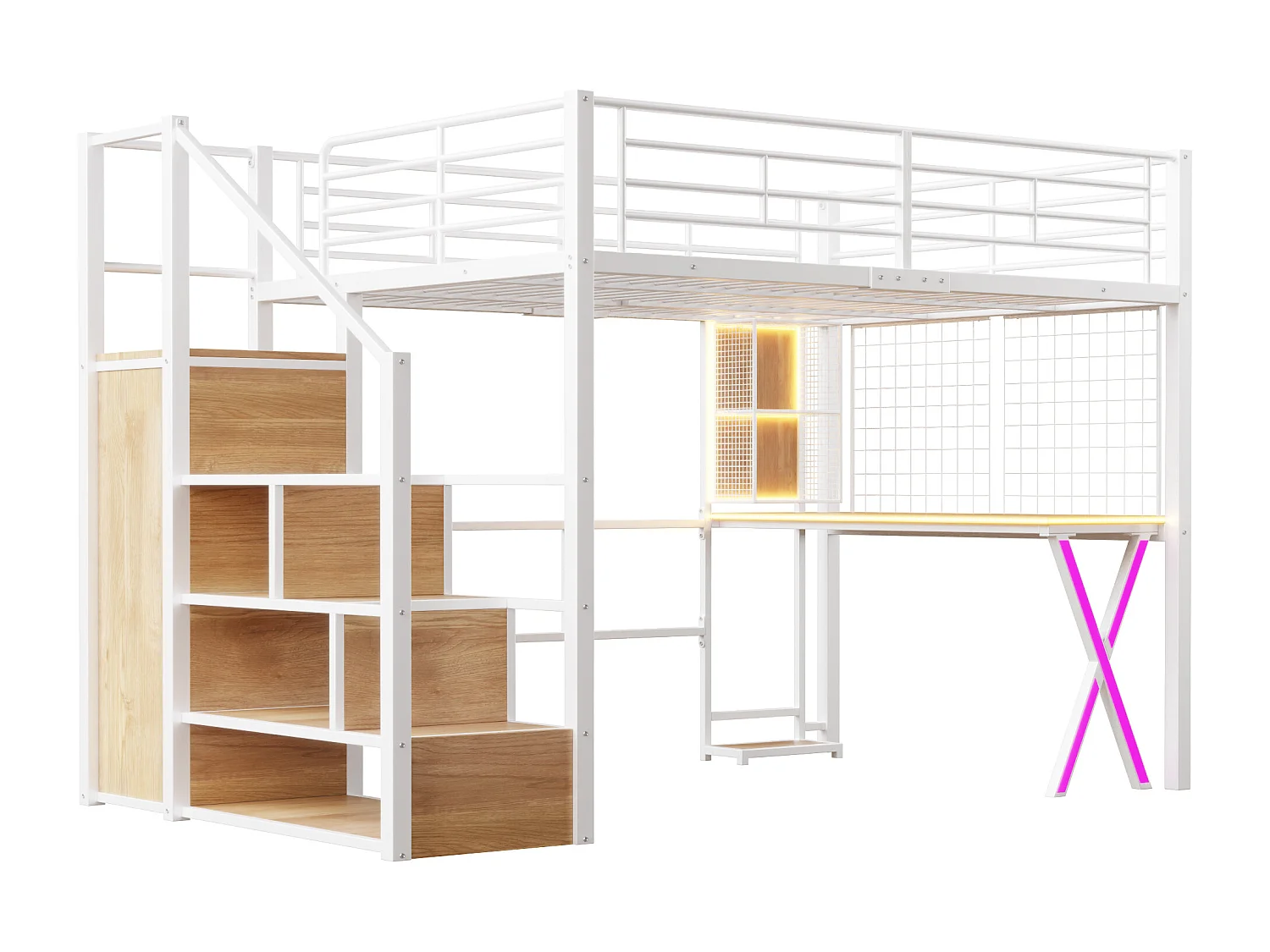 Cama alta 140x200 cm con LED, estantes, escritorio, armario, metal, blanco (253,5x145x169 cm)