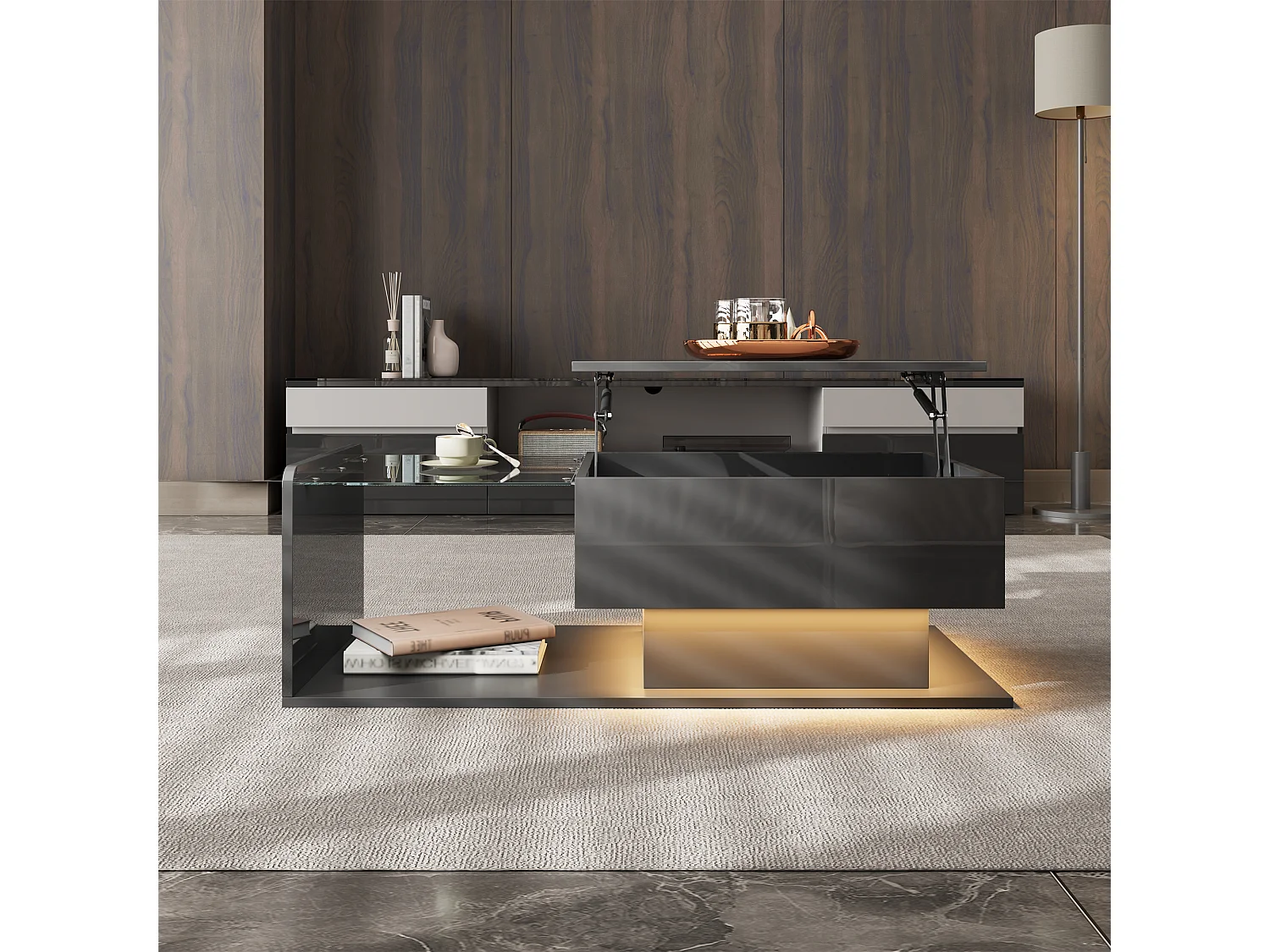 Salontafel met heffunctie, glas en LED, zwarte hoogglans afwerking (100x50x33/47,5 cm)