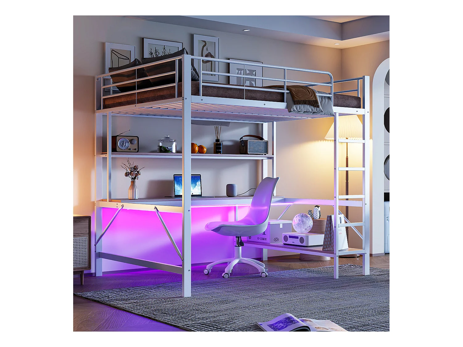 Lit mezzanine, 140x200 cm, avec garde-corps, échelle, bureau, étagères, USB, prise, LED, métal, blanc (204x145x180 cm)