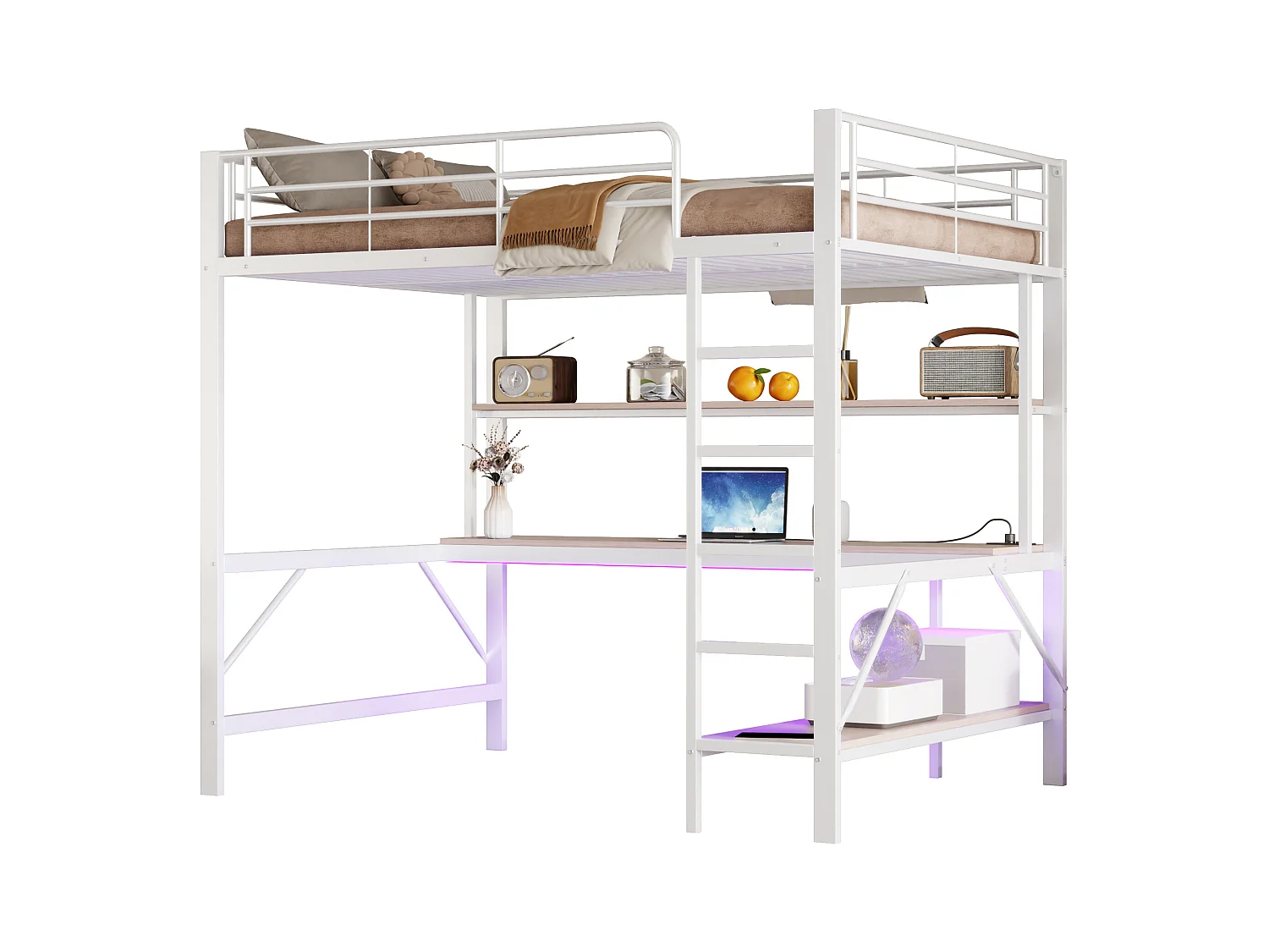 Lit mezzanine, 140x200 cm, avec garde-corps, échelle, bureau, étagères, USB, prise, LED, métal, blanc (204x145x180 cm)