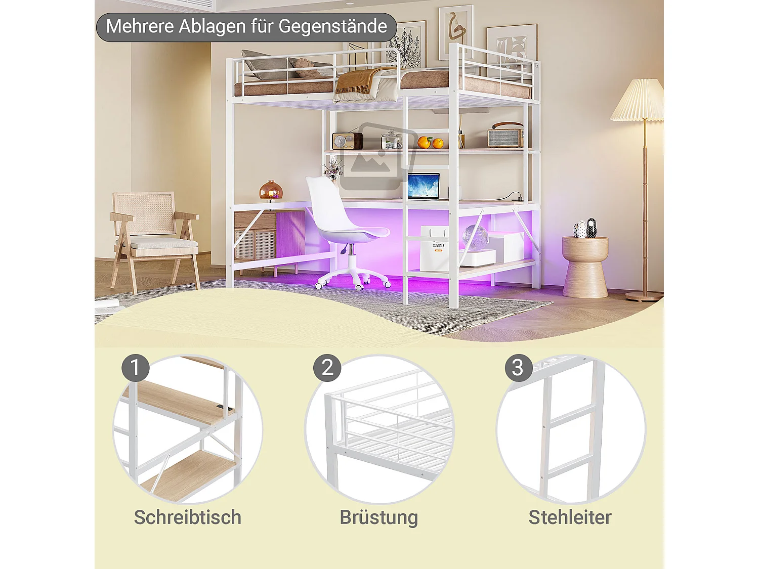 Hoogslaper, 140x200 cm, met leuning, ladder, bureau, planken, USB, stopcontact, LED, metaal, wit (204x145x180 cm)