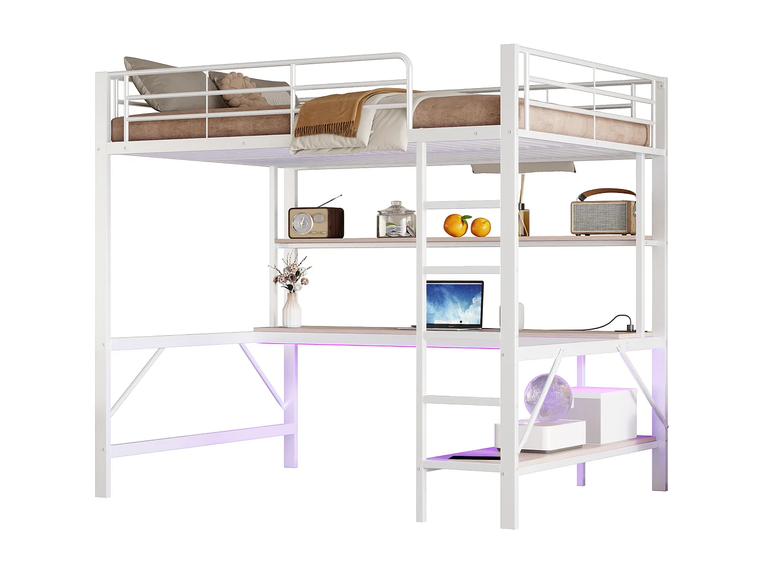 Hoogslaper, 140x200 cm, met leuning, ladder, bureau, planken, USB, stopcontact, LED, metaal, wit (204x145x180 cm)