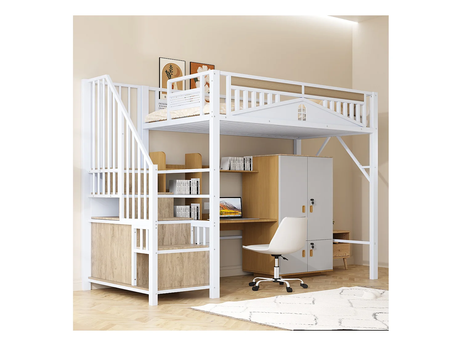 Lit mezzanine métal 90 x 200 cm, sécurité renforcée avec fenêtres, échelle sécurisée et rangement intégré, blanc (255x95x170 cm)