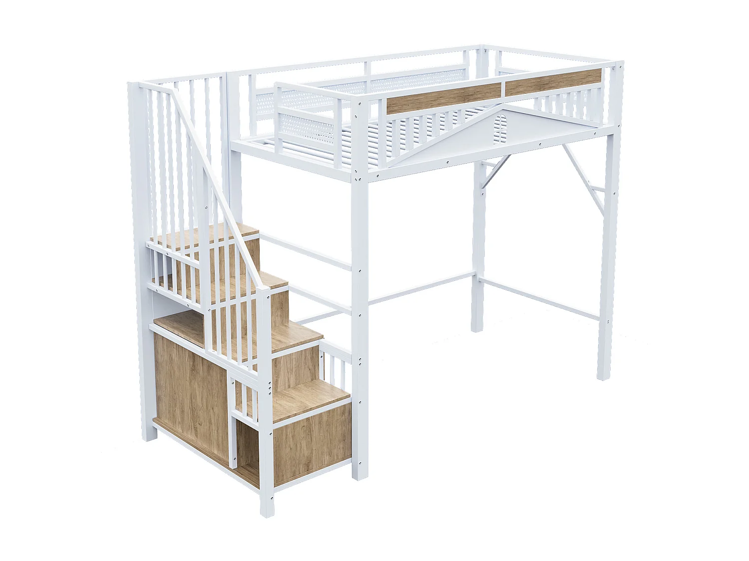 Metalen hoogslaper 90 x 200 cm, versterkte beveiliging met ramen, veilige ladder en geïntegreerde opbergruimte, wit (255x95x170 cm)