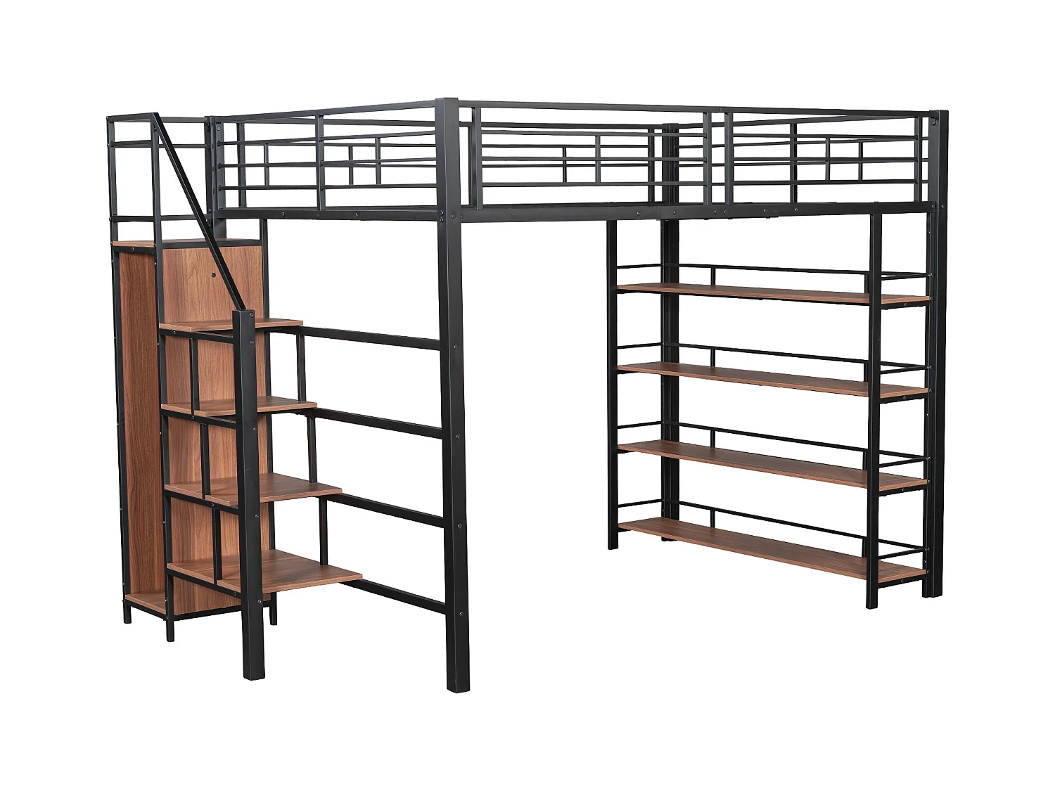 Lit mezzanine 140x200 cm avec échelle de sécurité, rangements et petit placard, design avec barrières hautes, noir (249.5x147x170 cm)