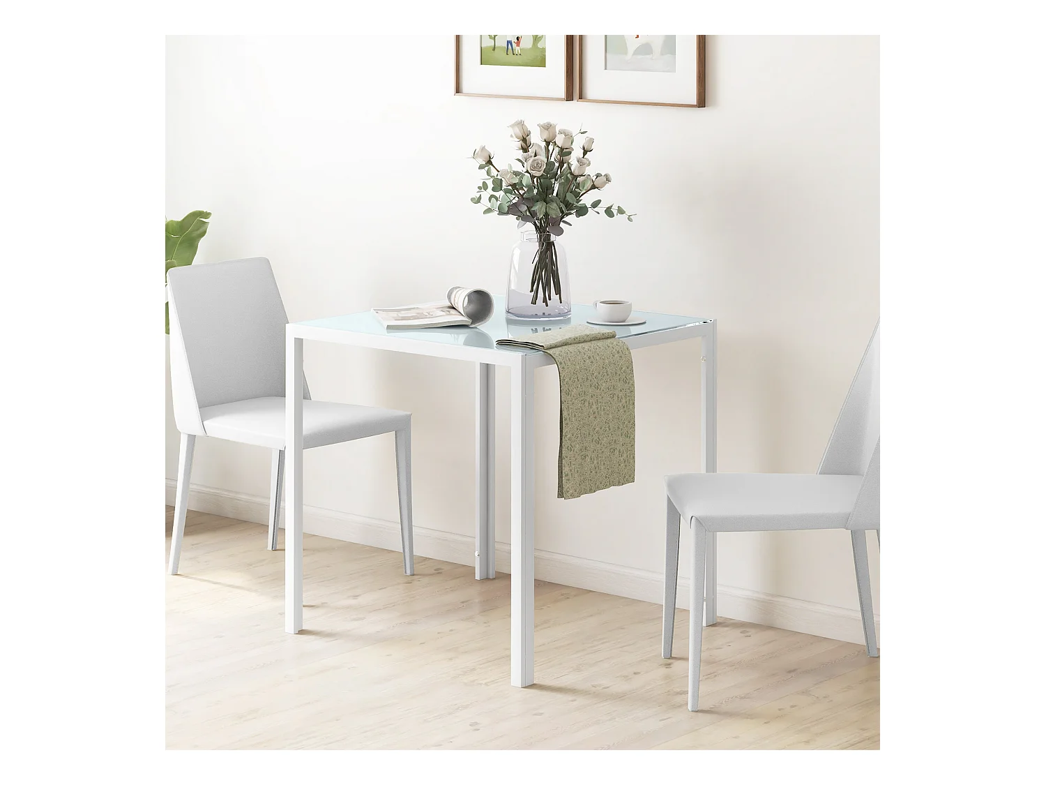 Table carrée pour cuisine et salle à manger, plateau en verre trempé, cadre métal, blanche (75x75x75cm)