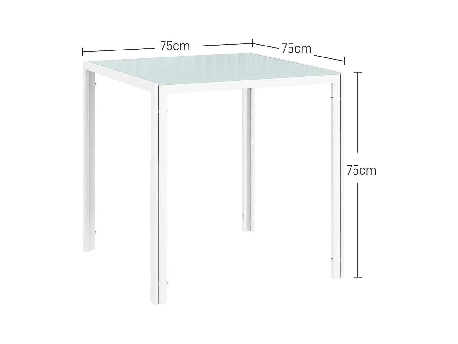 Table carrée pour cuisine et salle à manger, plateau en verre trempé, cadre métal, blanche (75x75x75cm)