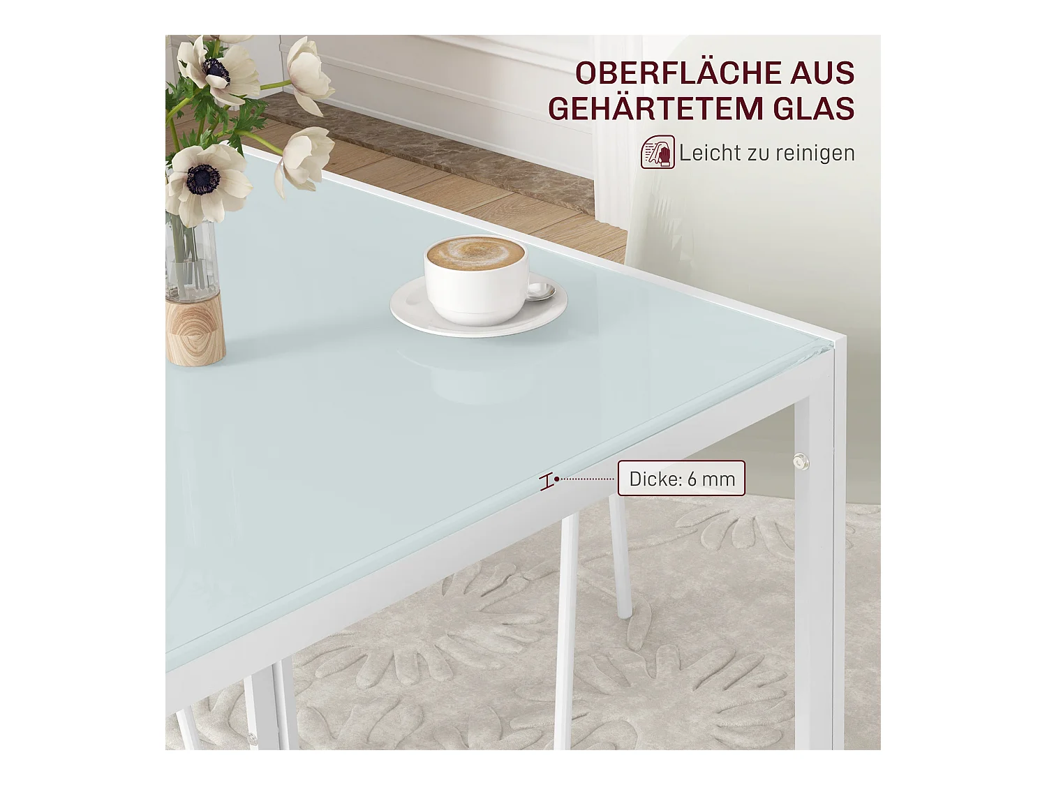 Table carrée pour cuisine et salle à manger, plateau en verre trempé, cadre métal, blanche (75x75x75cm)