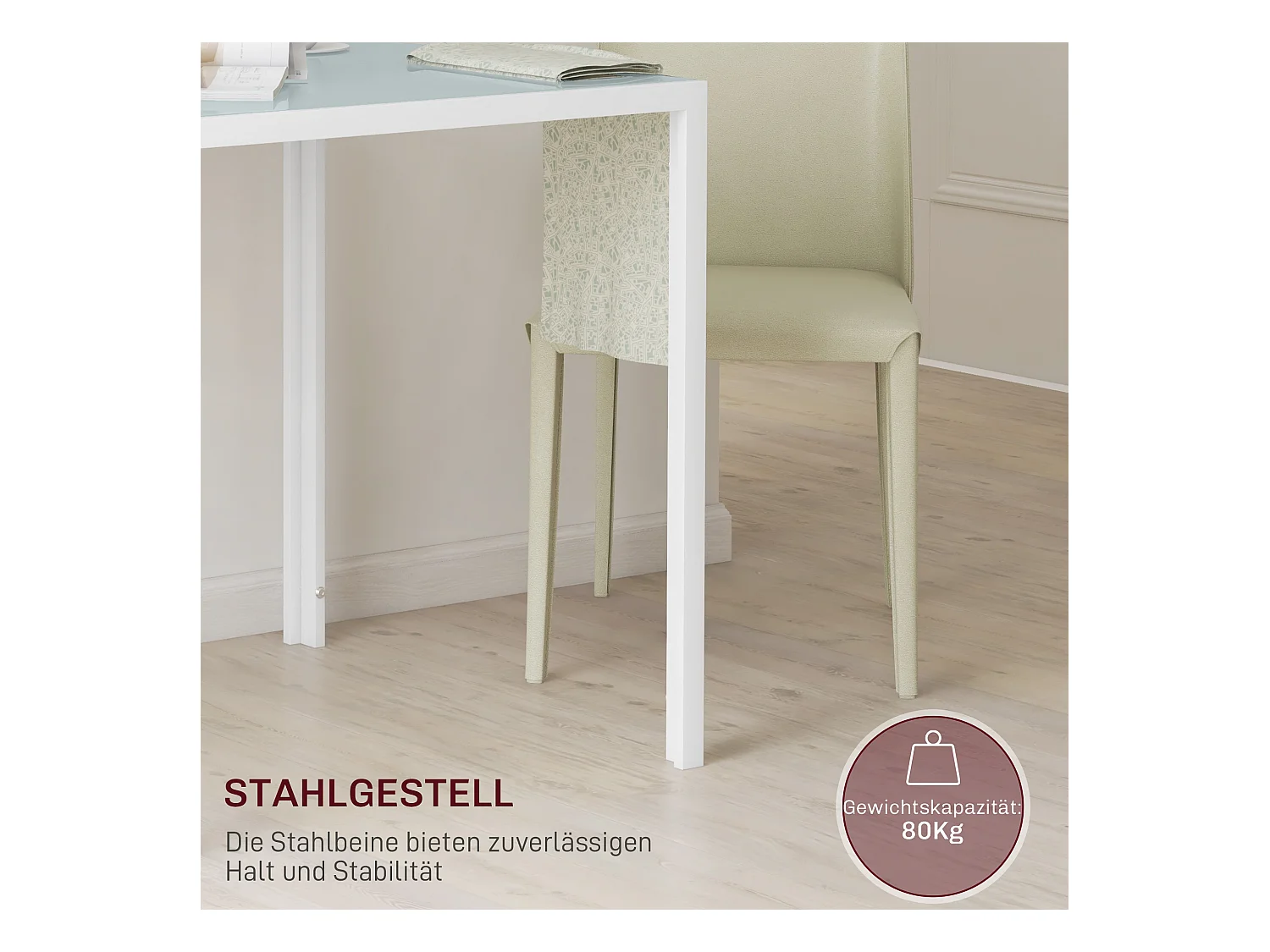 Table carrée pour cuisine et salle à manger, plateau en verre trempé, cadre métal, blanche (75x75x75cm)