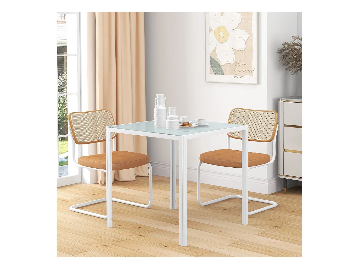 Table carrée pour cuisine et salle à manger, plateau en verre trempé, cadre métal, blanche (75x75x75cm)