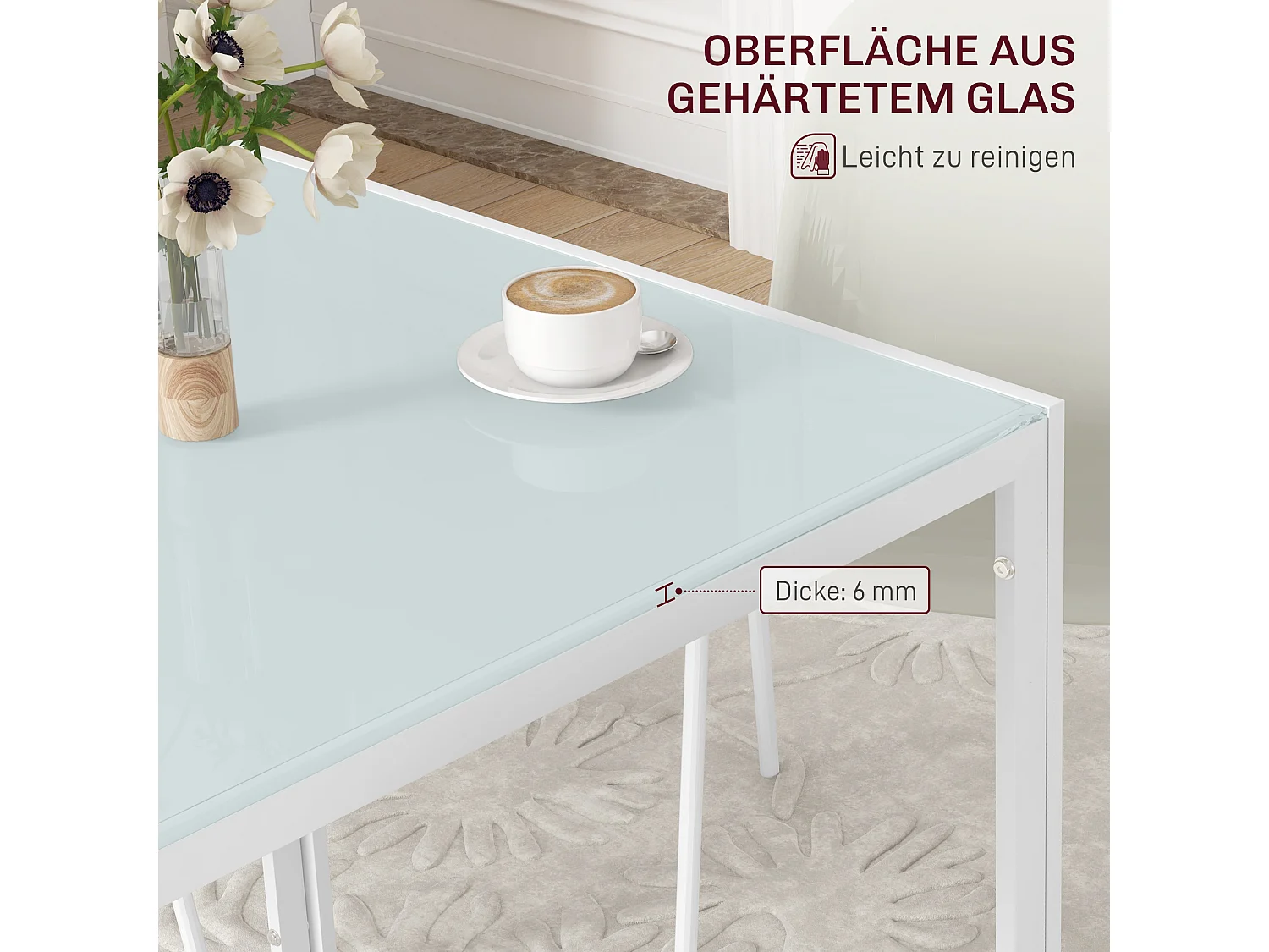 Table carrée pour cuisine et salle à manger, plateau en verre trempé, cadre métal, blanche (75x75x75cm)