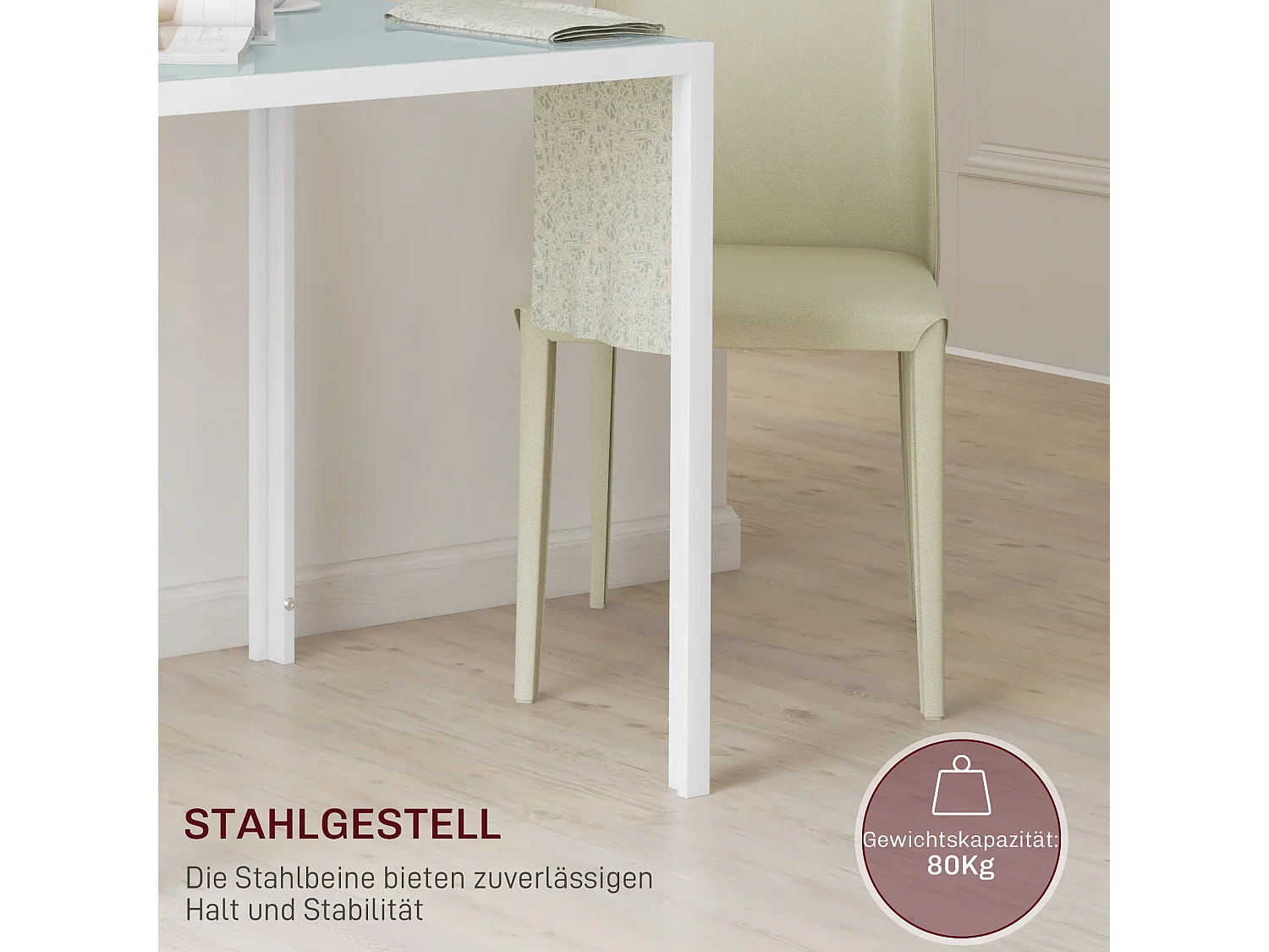 Table carrée pour cuisine et salle à manger, plateau en verre trempé, cadre métal, blanche (75x75x75cm)