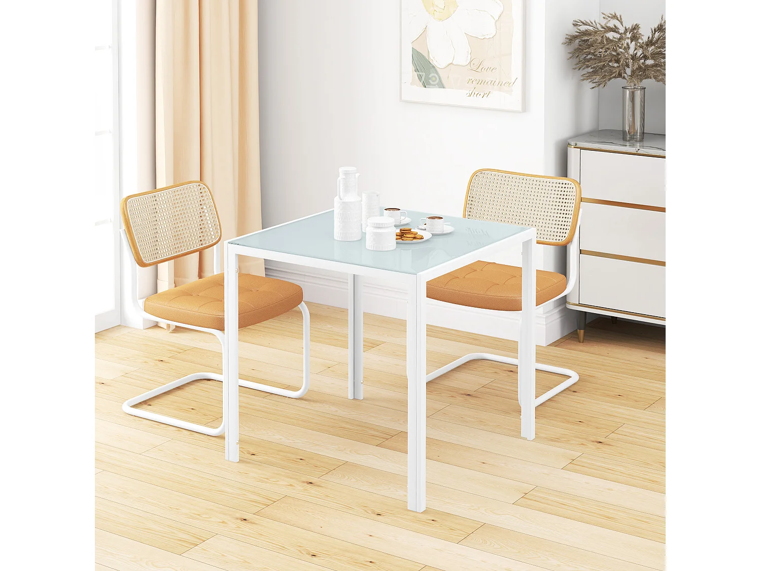 Table carrée pour cuisine et salle à manger, plateau en verre trempé, cadre métal, blanche (75x75x75cm)