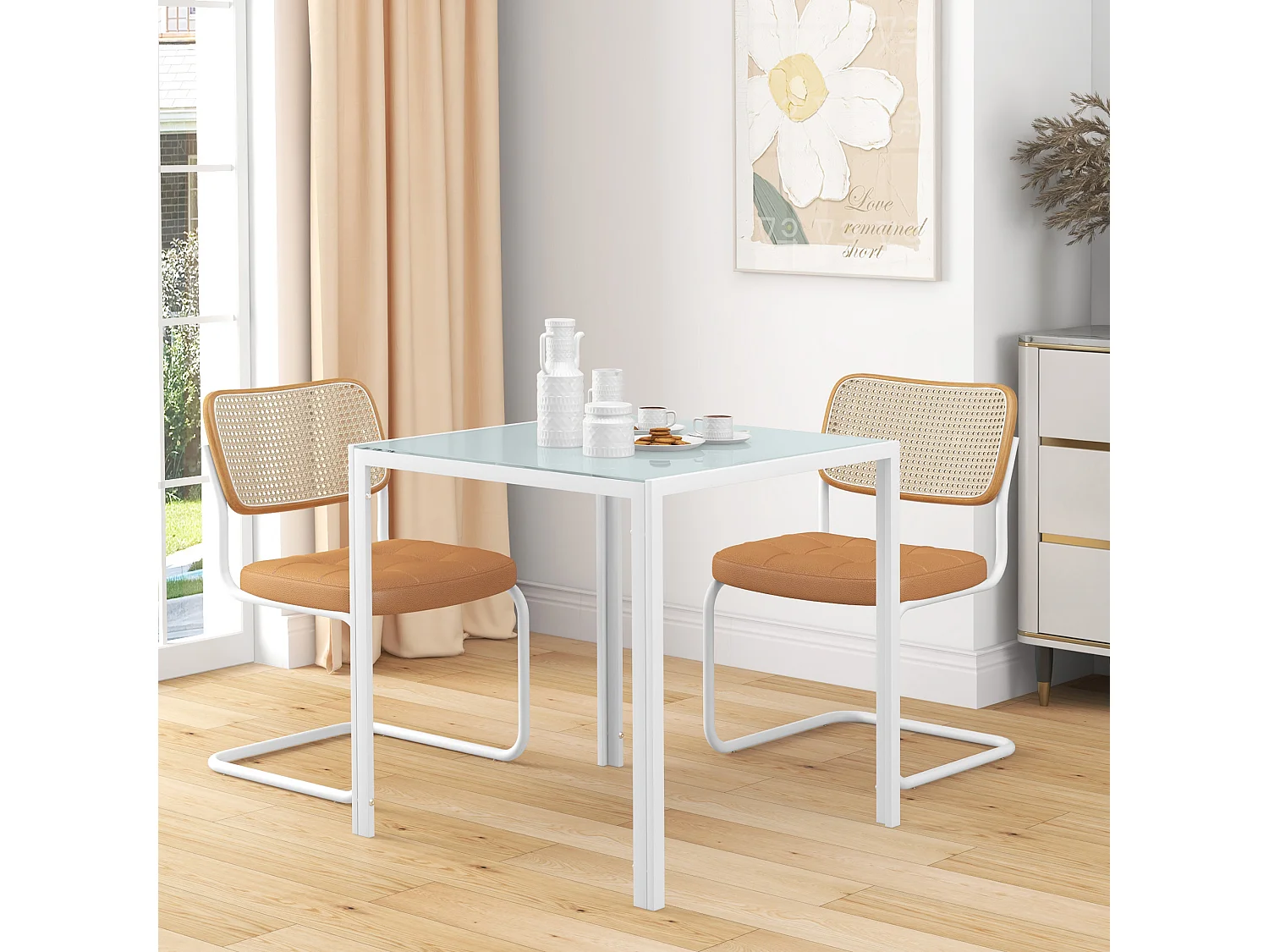 Table carrée pour cuisine et salle à manger, plateau en verre trempé, cadre métal, blanche (75x75x75cm)