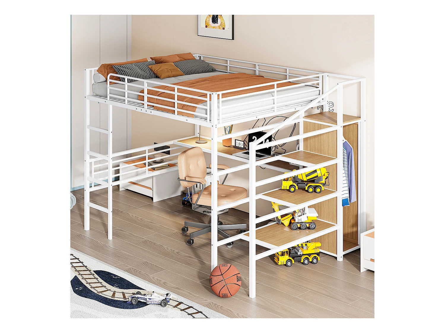 Lit mezzanine avec bureau, open wardrobe et escaliers de rangement, cadre en métal, blanc, 140x200 cm