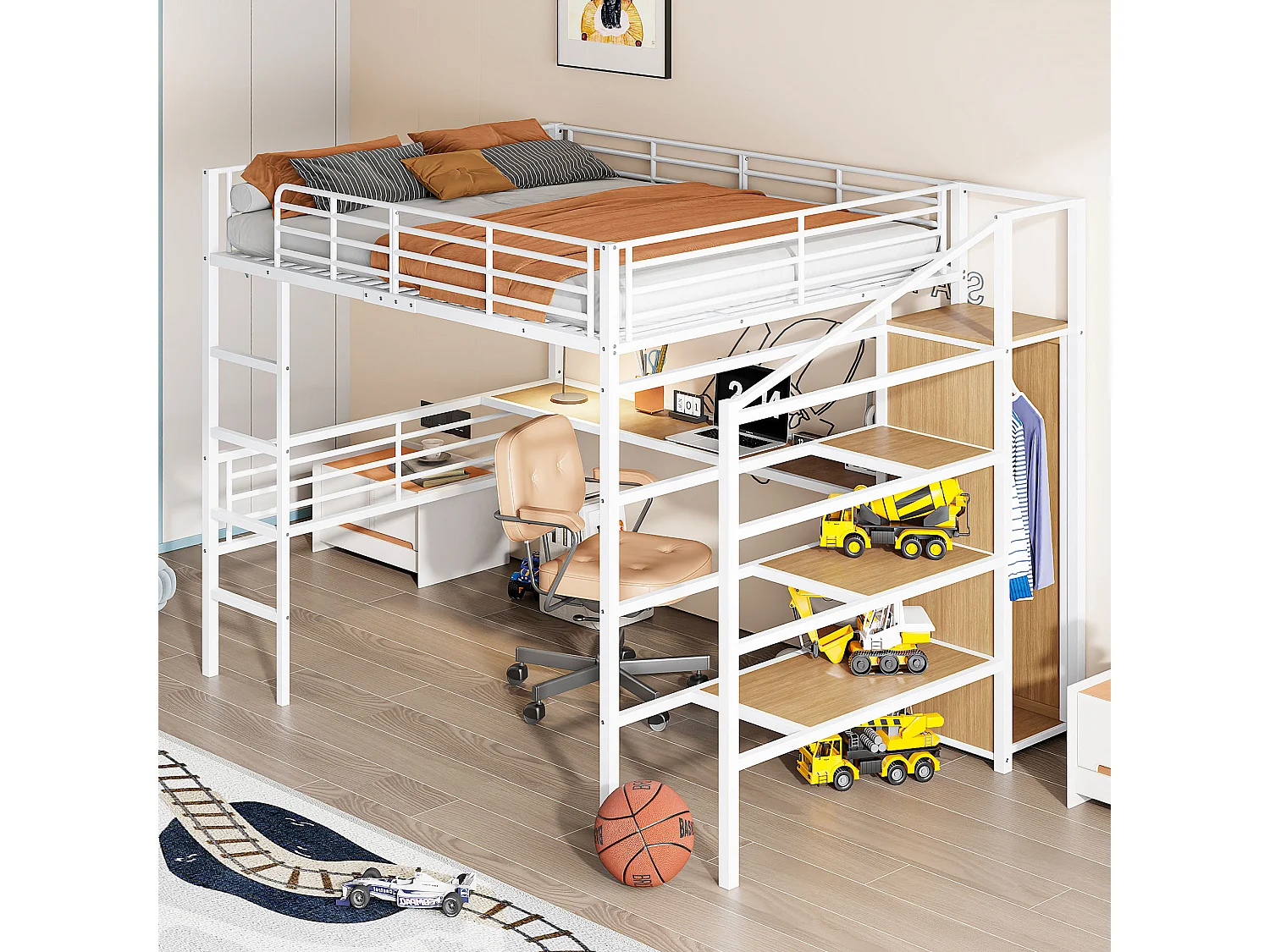 Lit mezzanine avec bureau, open wardrobe et escaliers de rangement, cadre en métal, blanc, 140x200 cm