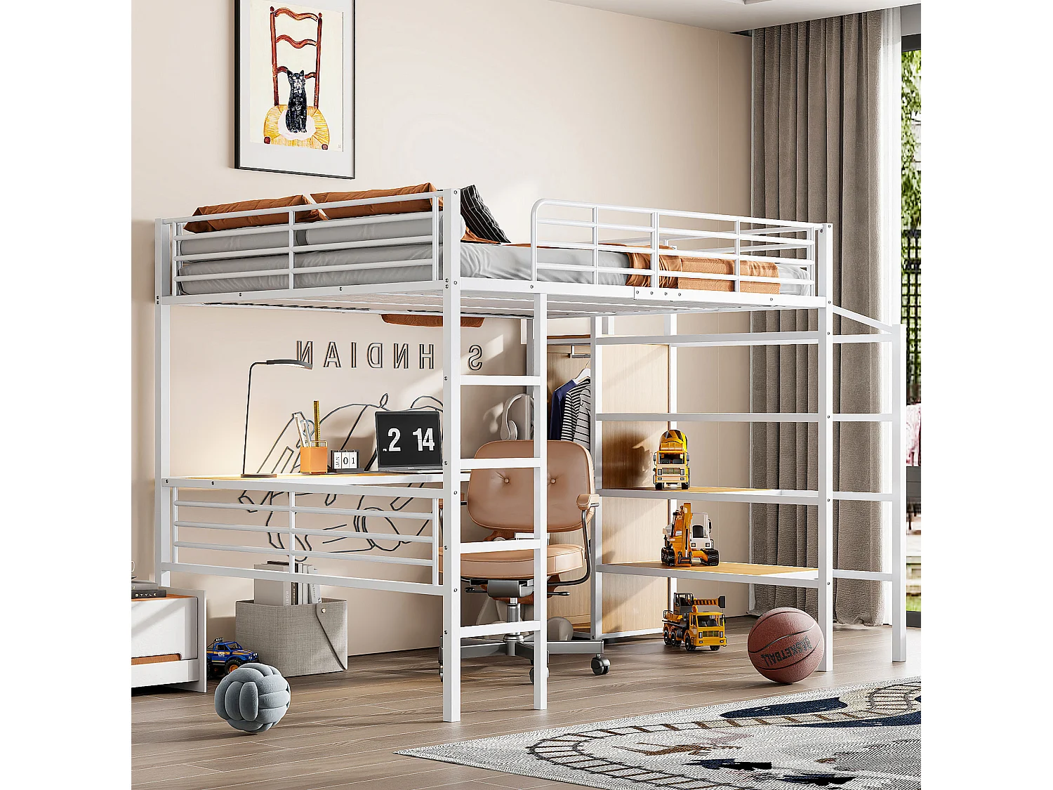 Lit mezzanine avec bureau, open wardrobe et escaliers de rangement, cadre en métal, blanc, 140x200 cm