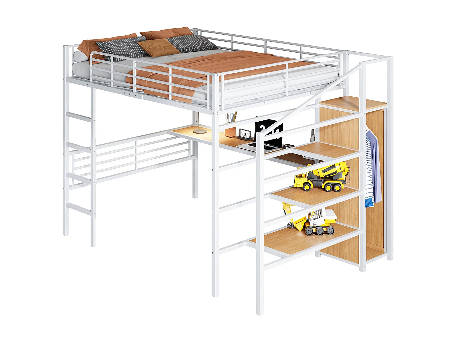 Lit mezzanine avec bureau, open wardrobe et escaliers de rangement, cadre en métal, blanc, 140x200 cm