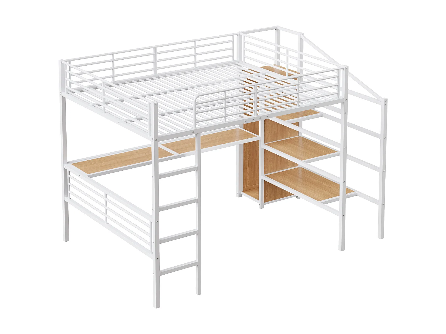 Lit mezzanine avec bureau, open wardrobe et escaliers de rangement, cadre en métal, blanc, 140x200 cm