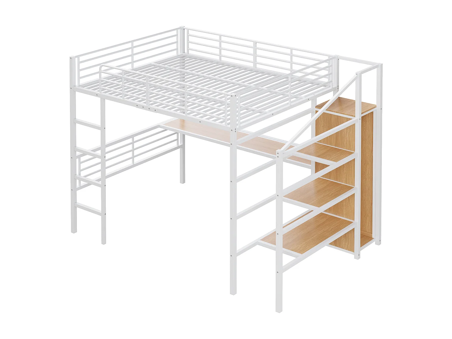 Lit mezzanine avec bureau, open wardrobe et escaliers de rangement, cadre en métal, blanc, 140x200 cm
