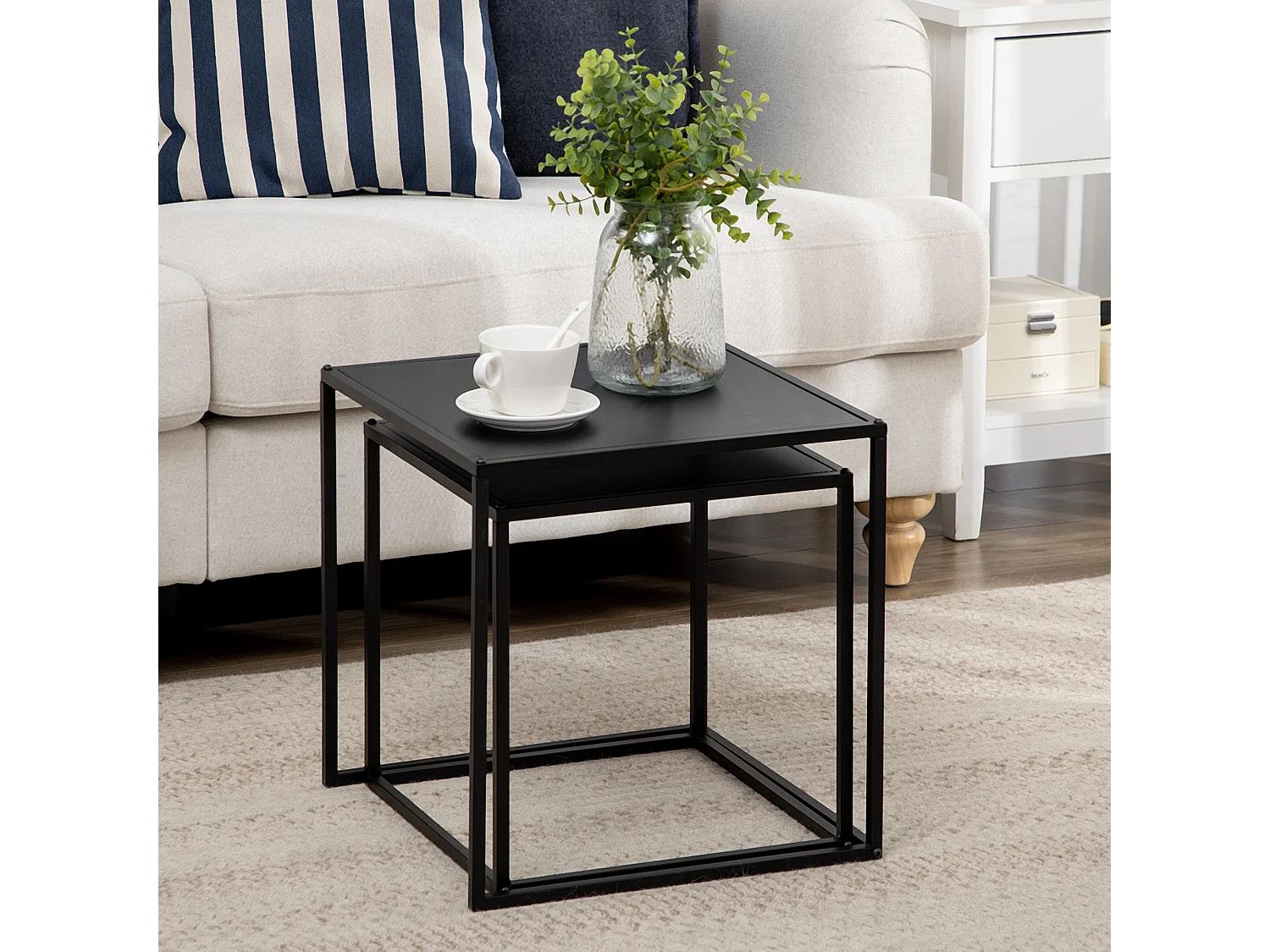 Ensemble de 2 Tables Basses, Design Moderne, Structure en Acier, Noir, (120x59x45 cm)