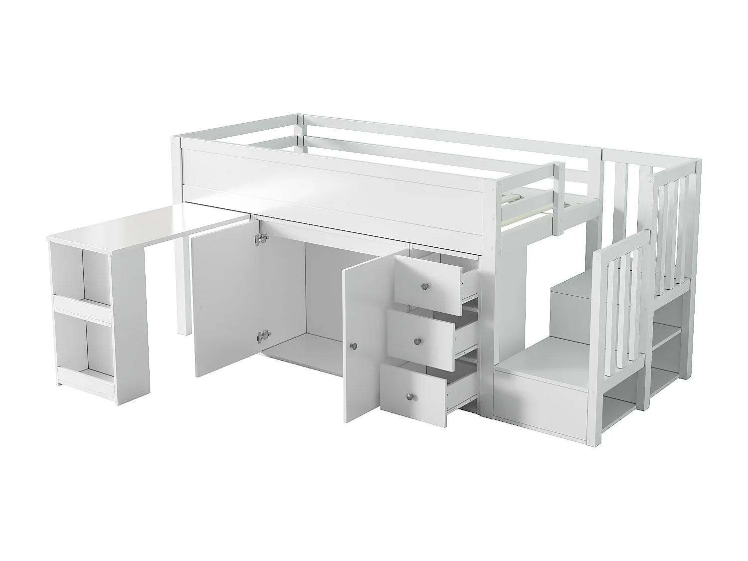 Lit mezzanine avec bureau extensible, étagère, tiroir et rangement, en MDF, blanc (90x200 cm)