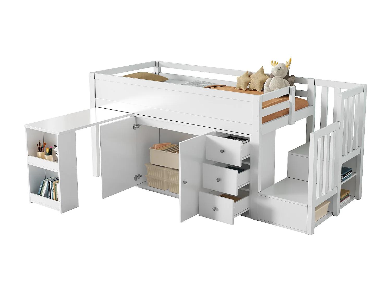 Lit mezzanine avec bureau extensible, étagère, tiroir et rangement, en MDF, blanc (90x200 cm)