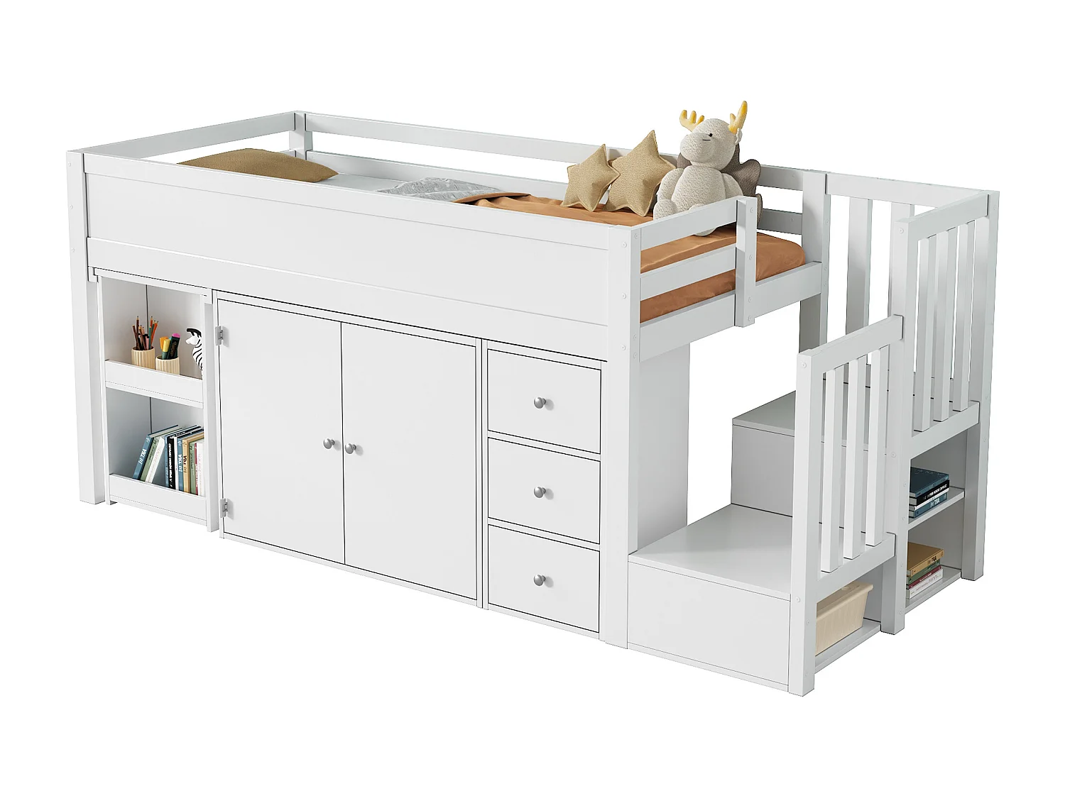 Lit mezzanine avec bureau extensible, étagère, tiroir et rangement, en MDF, blanc (90x200 cm)