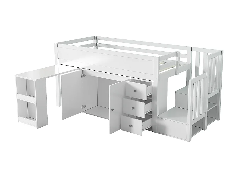 Lit mezzanine avec bureau extensible, étagère, tiroir et rangement, en MDF, blanc (90x200 cm)