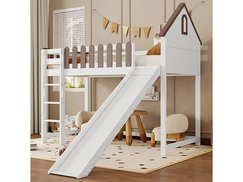 Hoogslaper 90 x 200 cm met dak en ramen, drietraps rechte ladder, kinderbed met glijbaan (204 x 232,5 x 172 cm)