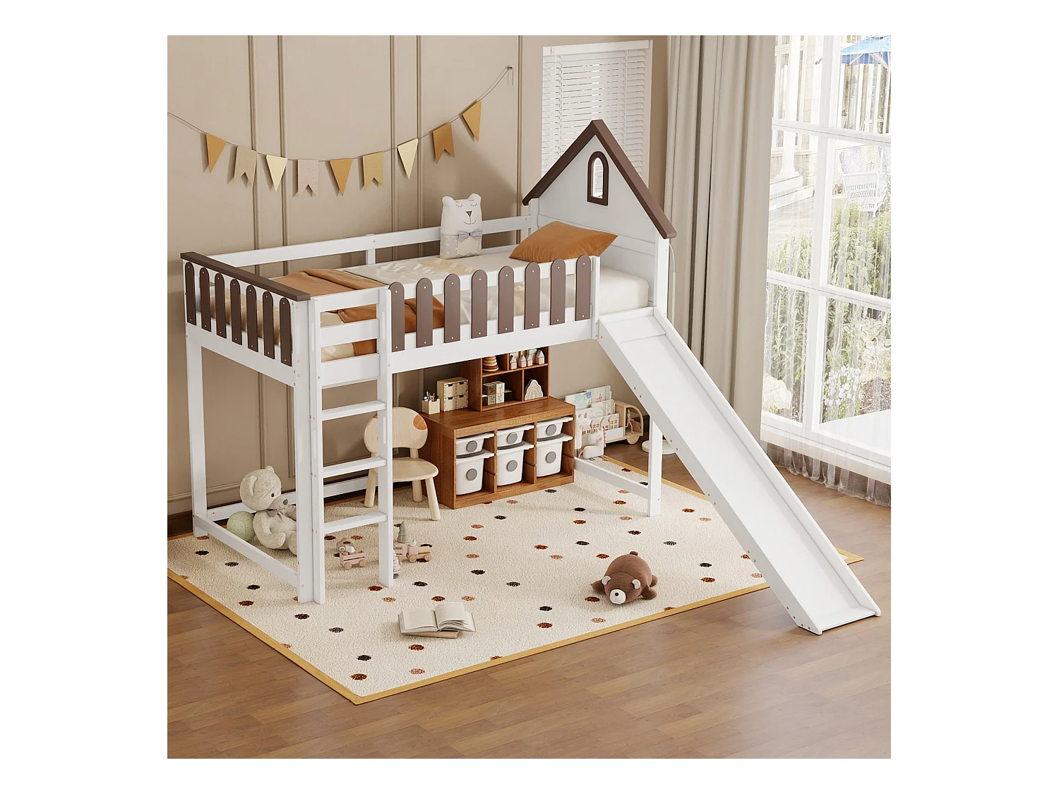 Lit mezzanine 90 x 200 cm avec toit et fenêtres, échelle droite à trois niveaux, lit enfant avec toboggan (204 x 232.5 x 172 cm)