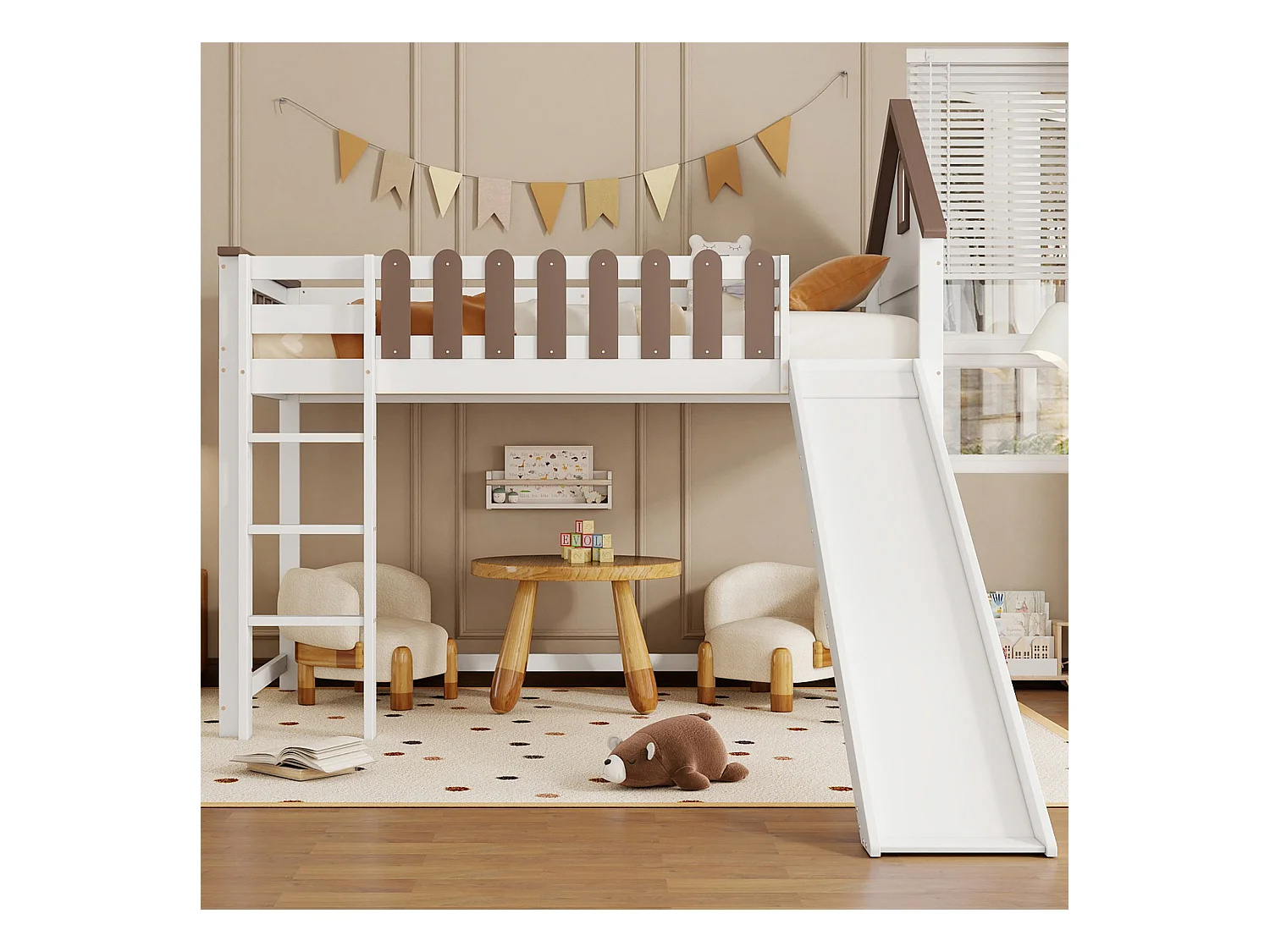 Lit mezzanine 90 x 200 cm avec toit et fenêtres, échelle droite à trois niveaux, lit enfant avec toboggan (204 x 232.5 x 172 cm)