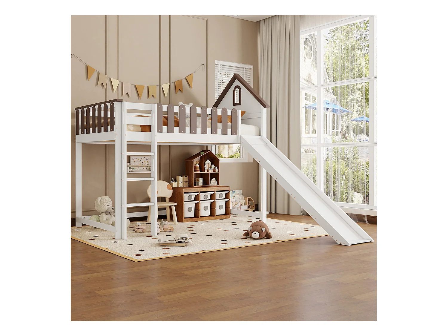 Lit mezzanine 90 x 200 cm avec toit et fenêtres, échelle droite à trois niveaux, lit enfant avec toboggan (204 x 232.5 x 172 cm)