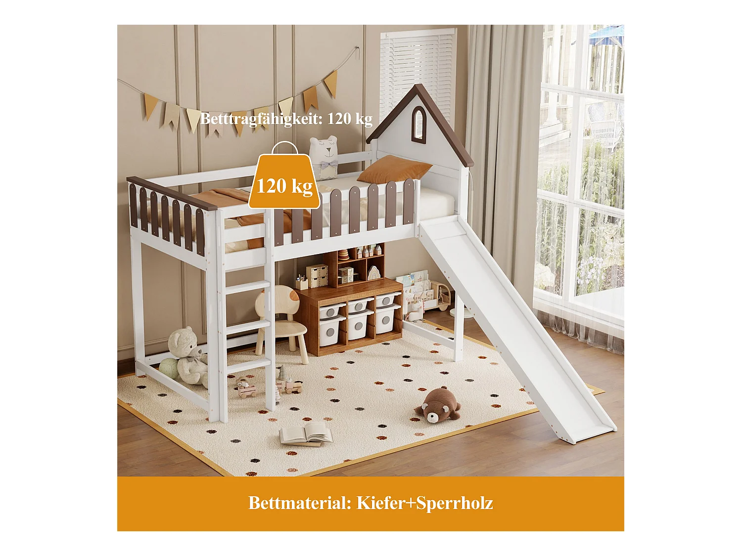 Lit mezzanine 90 x 200 cm avec toit et fenêtres, échelle droite à trois niveaux, lit enfant avec toboggan (204 x 232.5 x 172 cm)