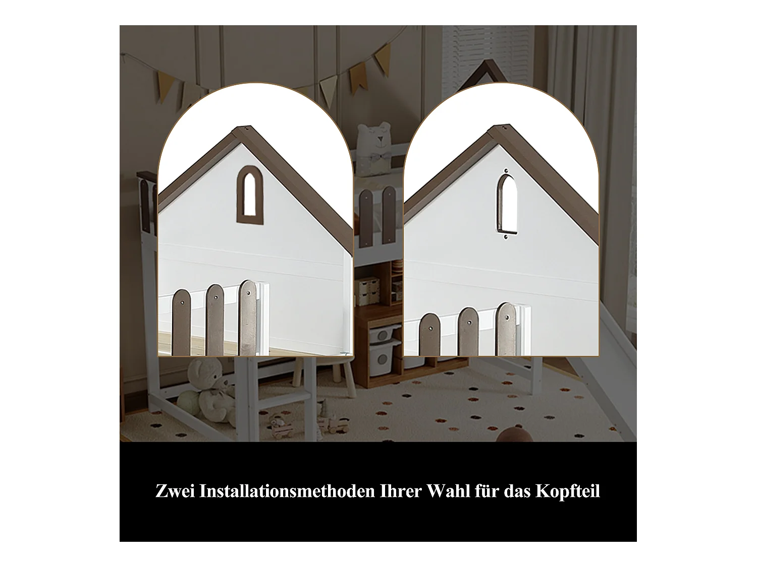 Lit mezzanine 90 x 200 cm avec toit et fenêtres, échelle droite à trois niveaux, lit enfant avec toboggan (204 x 232.5 x 172 cm)