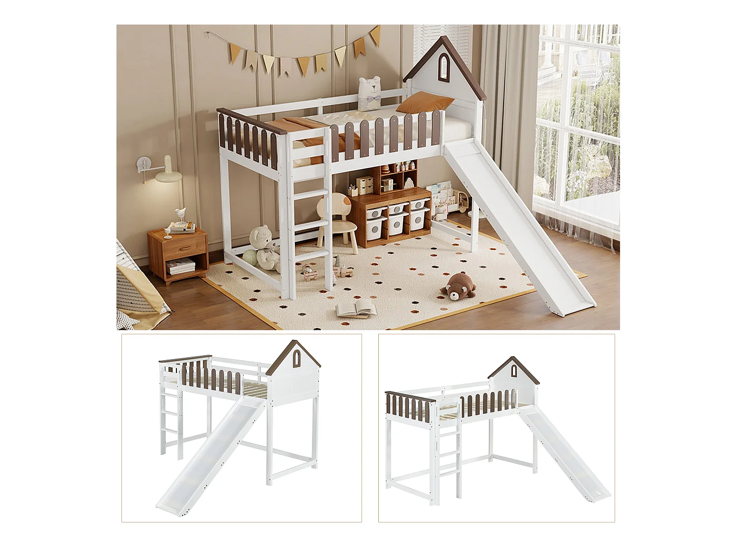 Lit mezzanine 90 x 200 cm avec toit et fenêtres, échelle droite à trois niveaux, lit enfant avec toboggan (204 x 232.5 x 172 cm)